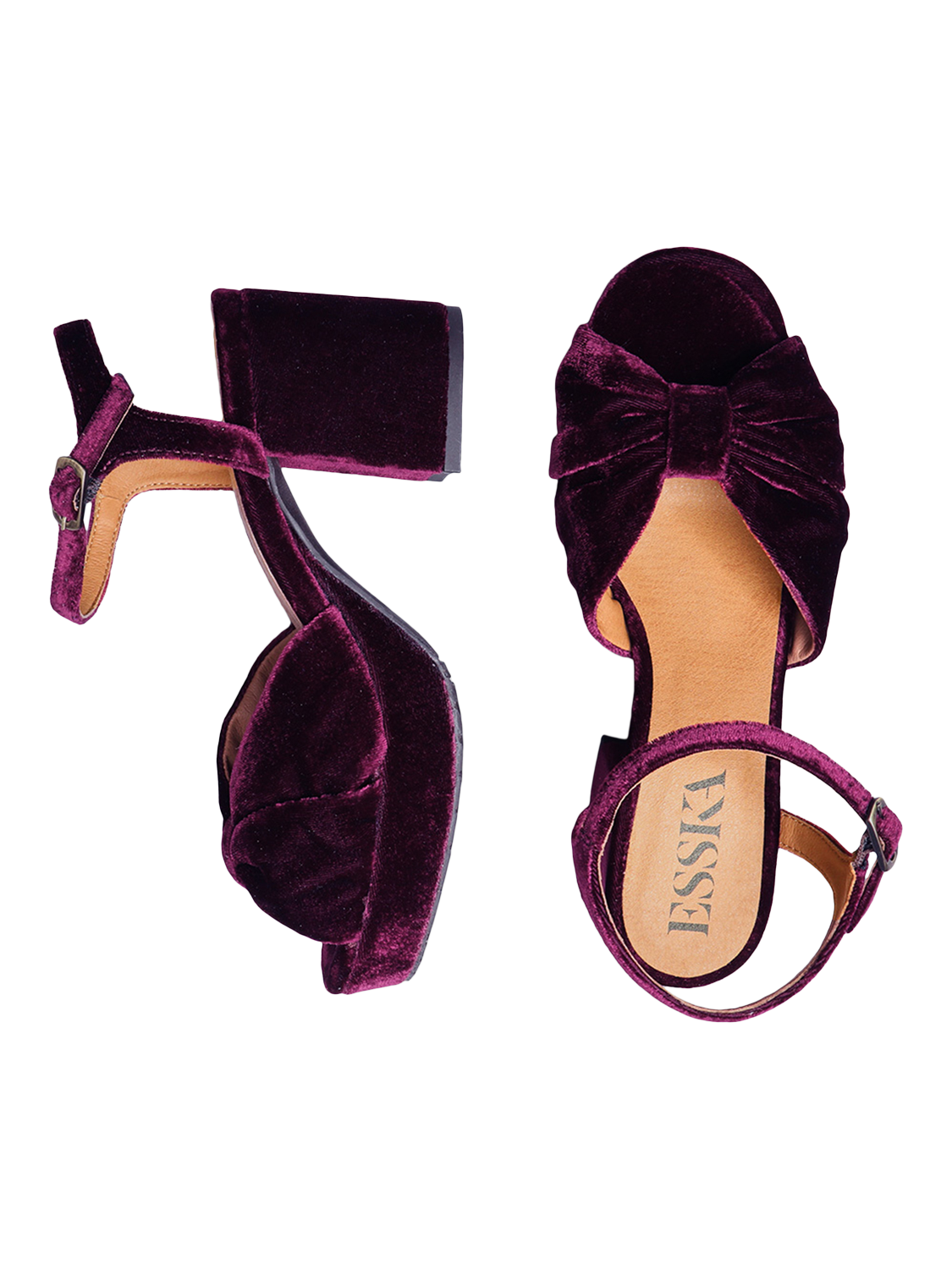 Product image 5 of 5, which shows Esska Chilli Velvet Bow Block Heel Sandals, Purple, EU37