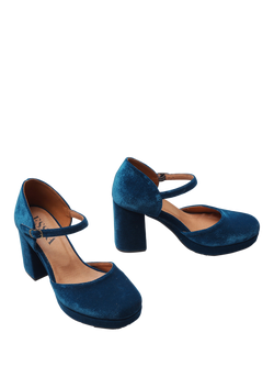 Esska Viv Velvet Block Heel Mary Janes, Blue Velvet - view 2, Blue Velvet