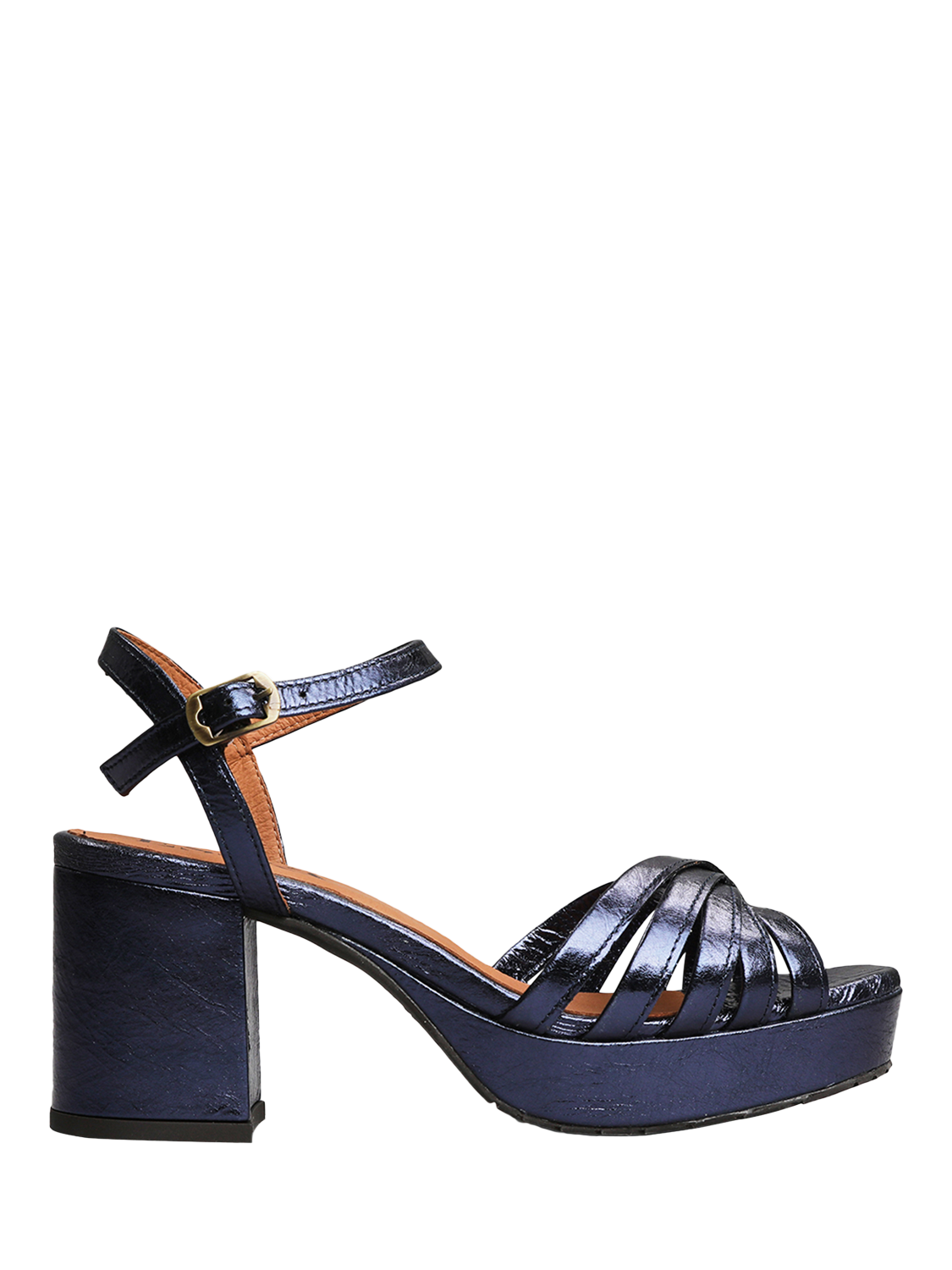 Product image 1 of 6, which shows Esska Casey Metallic Leather Block Heel Sandals, Navy, EU38