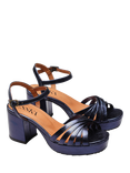 Esska Casey Metallic Leather Block Heel Sandals, Navy