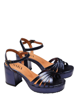 Esska Casey Metallic Leather Block Heel Sandals, Navy - view 2, Navy