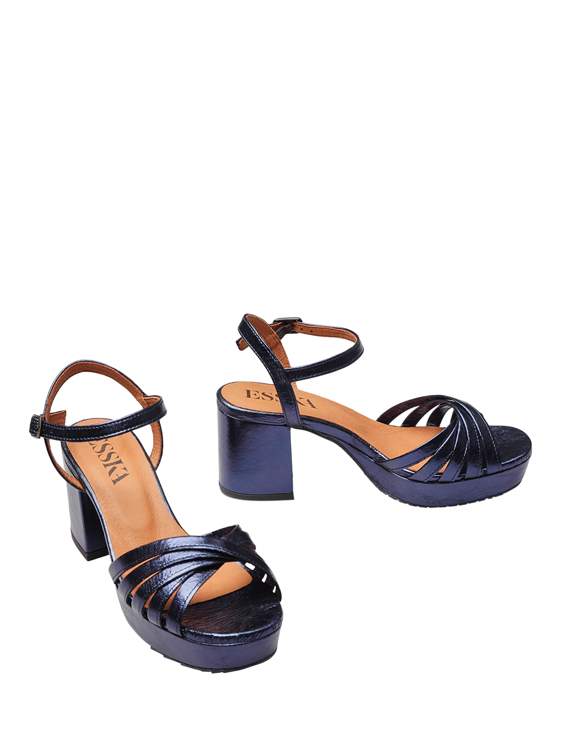 Product image 3 of 6, which shows Esska Casey Metallic Leather Block Heel Sandals, Navy, EU38