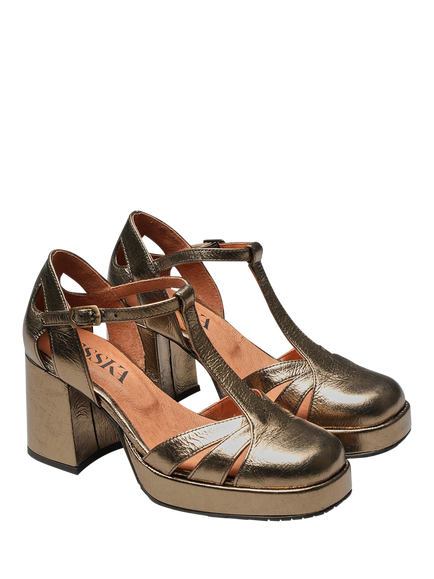 Esska Chaza Metallic Leather Block Heel Sandals, Gold - view 2, Gold
