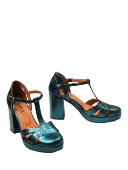 Esska Venice Metallic Leather Block Heel Sandals, Teal - view 2, Teal