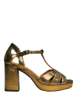 Esska Valerie Metallic Leather Block Heel Sandals, Brown, Gold
