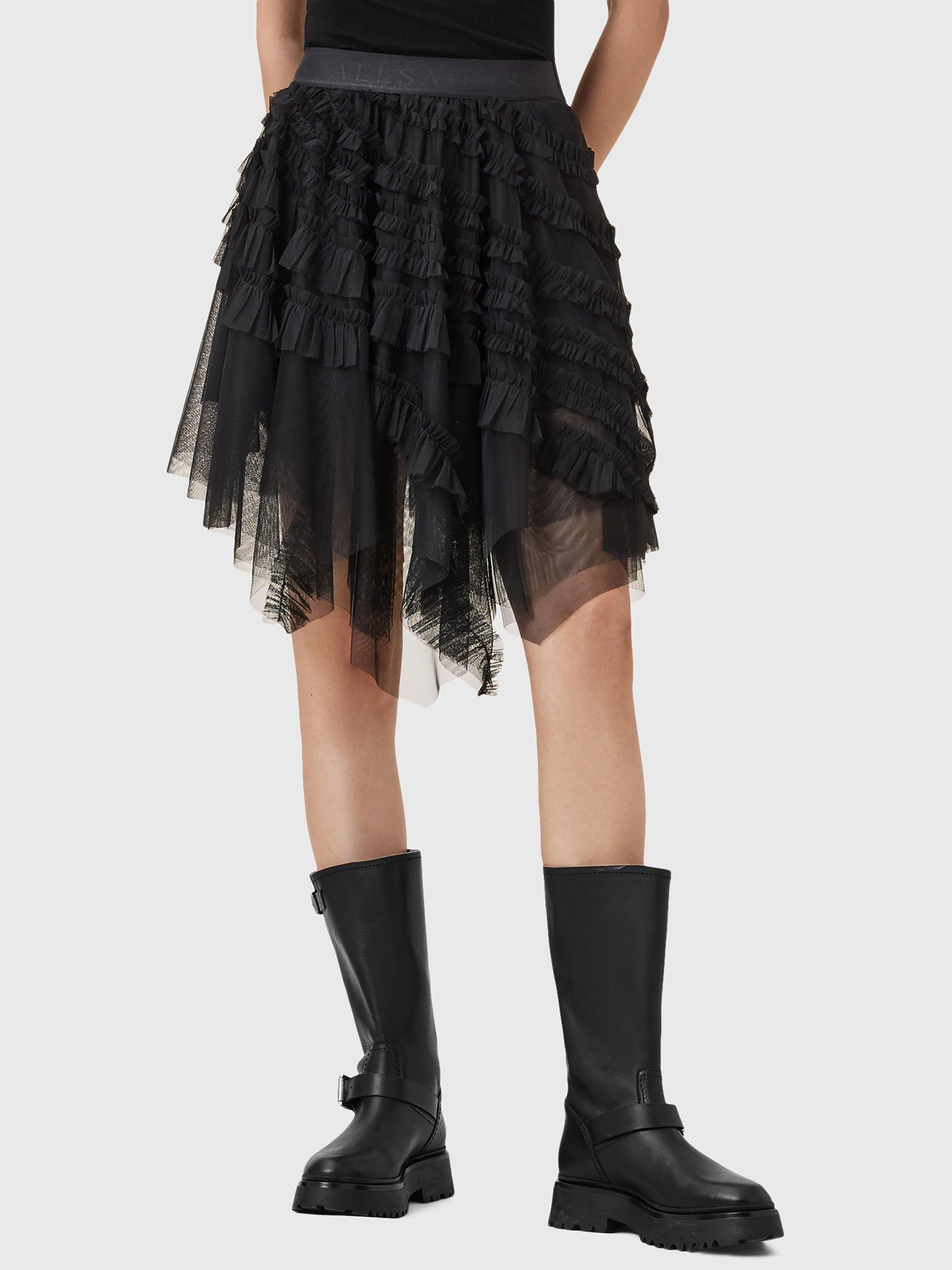 Product image 1 of 9, which shows AllSaints Jayde Ruffle Tulle Mini Skirt, Black, 10