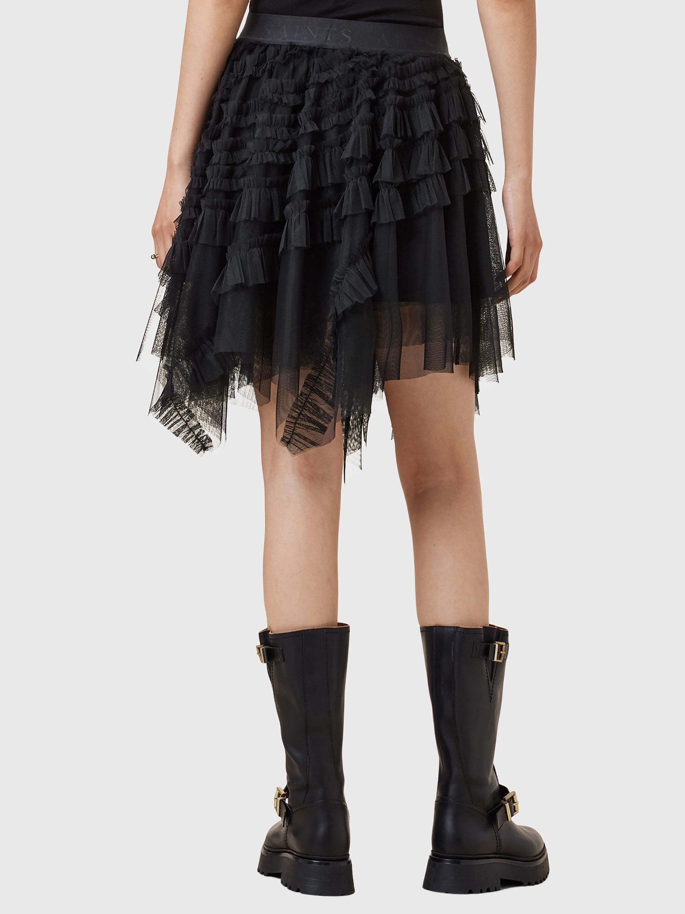 Product image 2 of 9, which shows AllSaints Jayde Ruffle Tulle Mini Skirt, Black, 10