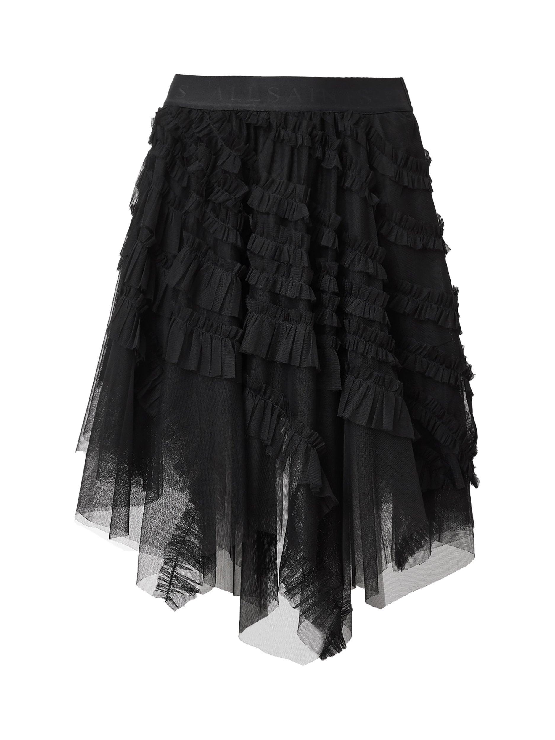 Product image 4 of 9, which shows AllSaints Jayde Ruffle Tulle Mini Skirt, Black, 10