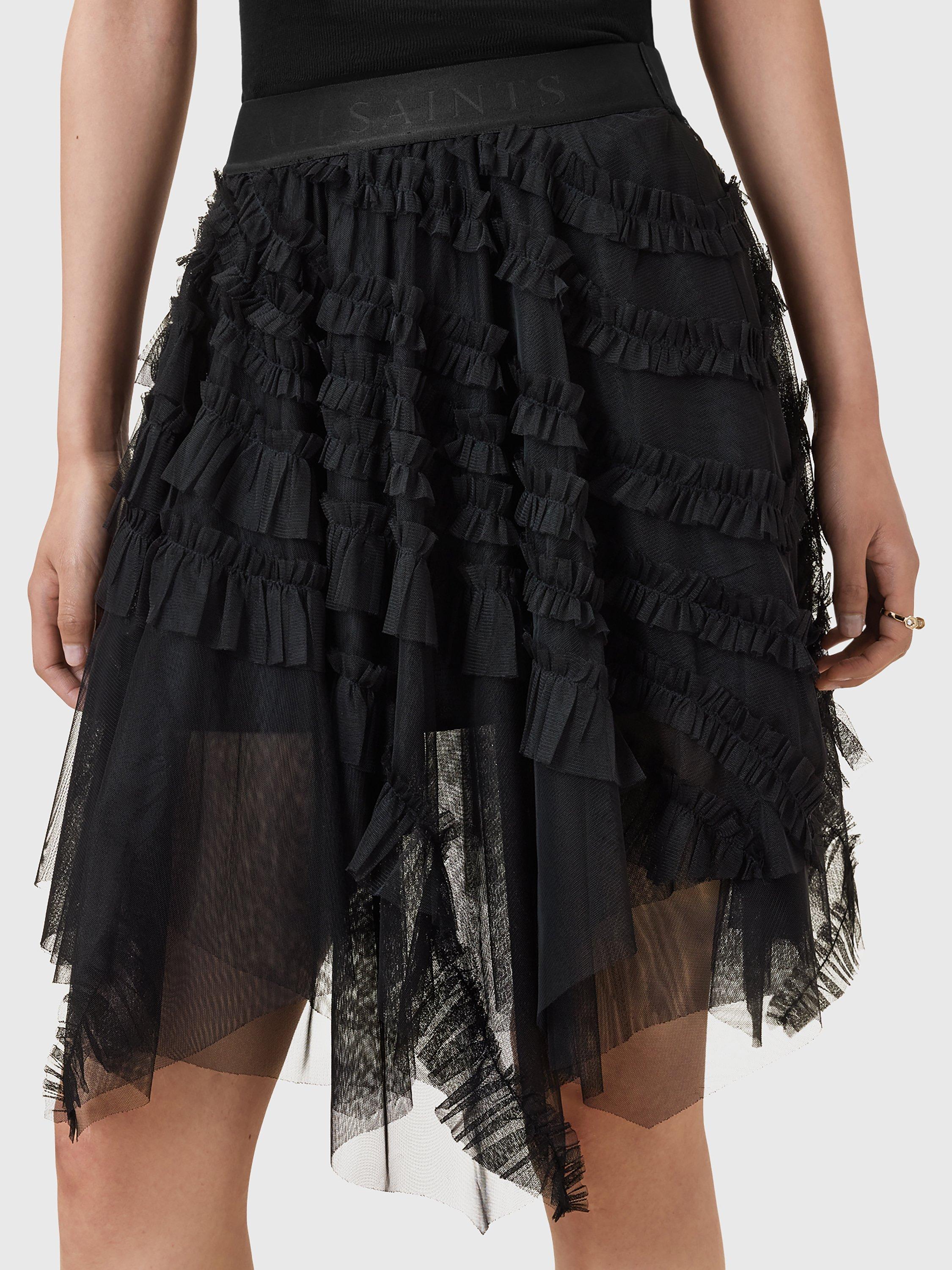 Product image 8 of 9, which shows AllSaints Jayde Ruffle Tulle Mini Skirt, Black, 10