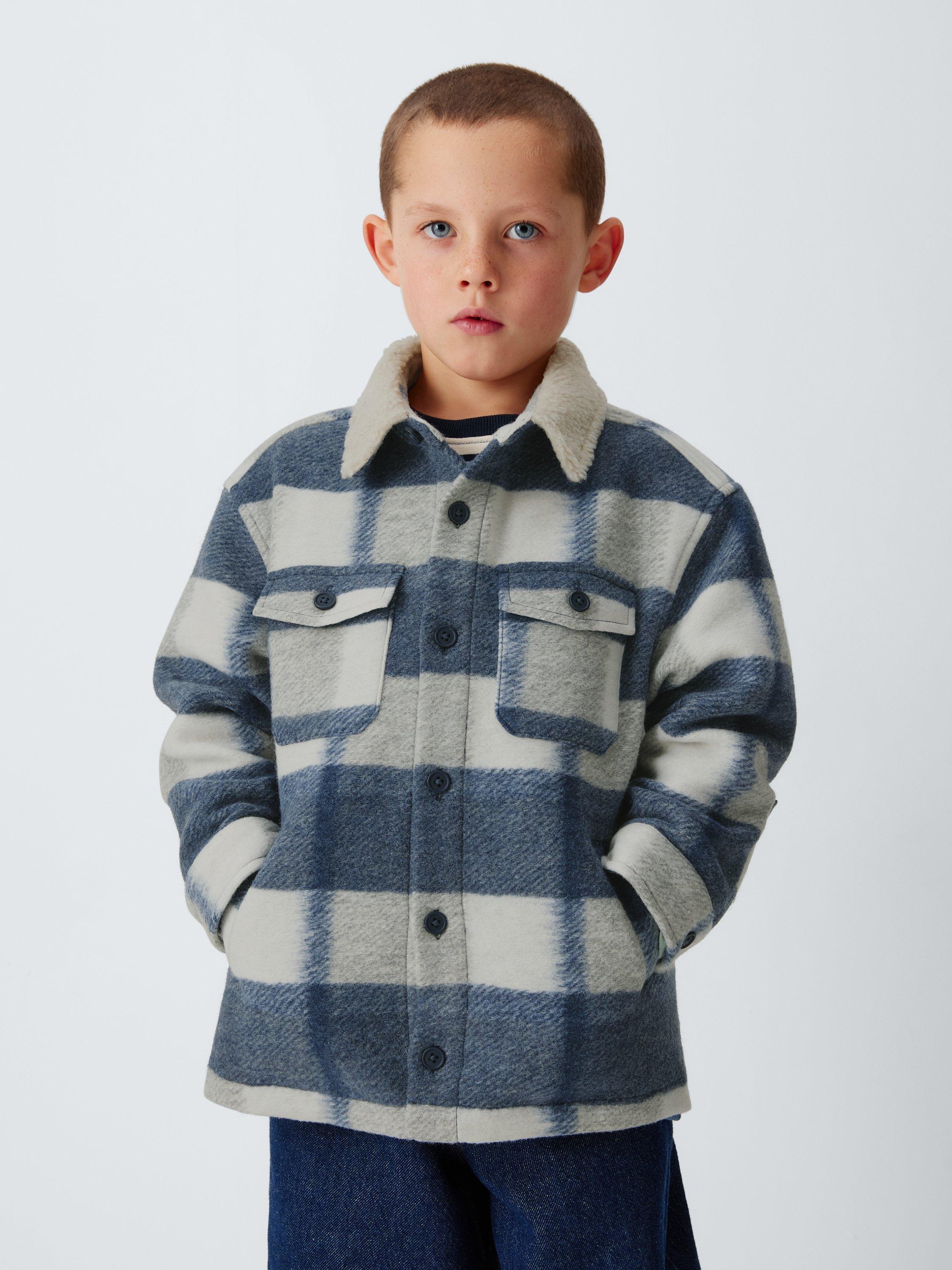 Product image 1 of 7, which shows John Lewis Kids' Plaid Check Shacket, Blue Check, 3 years