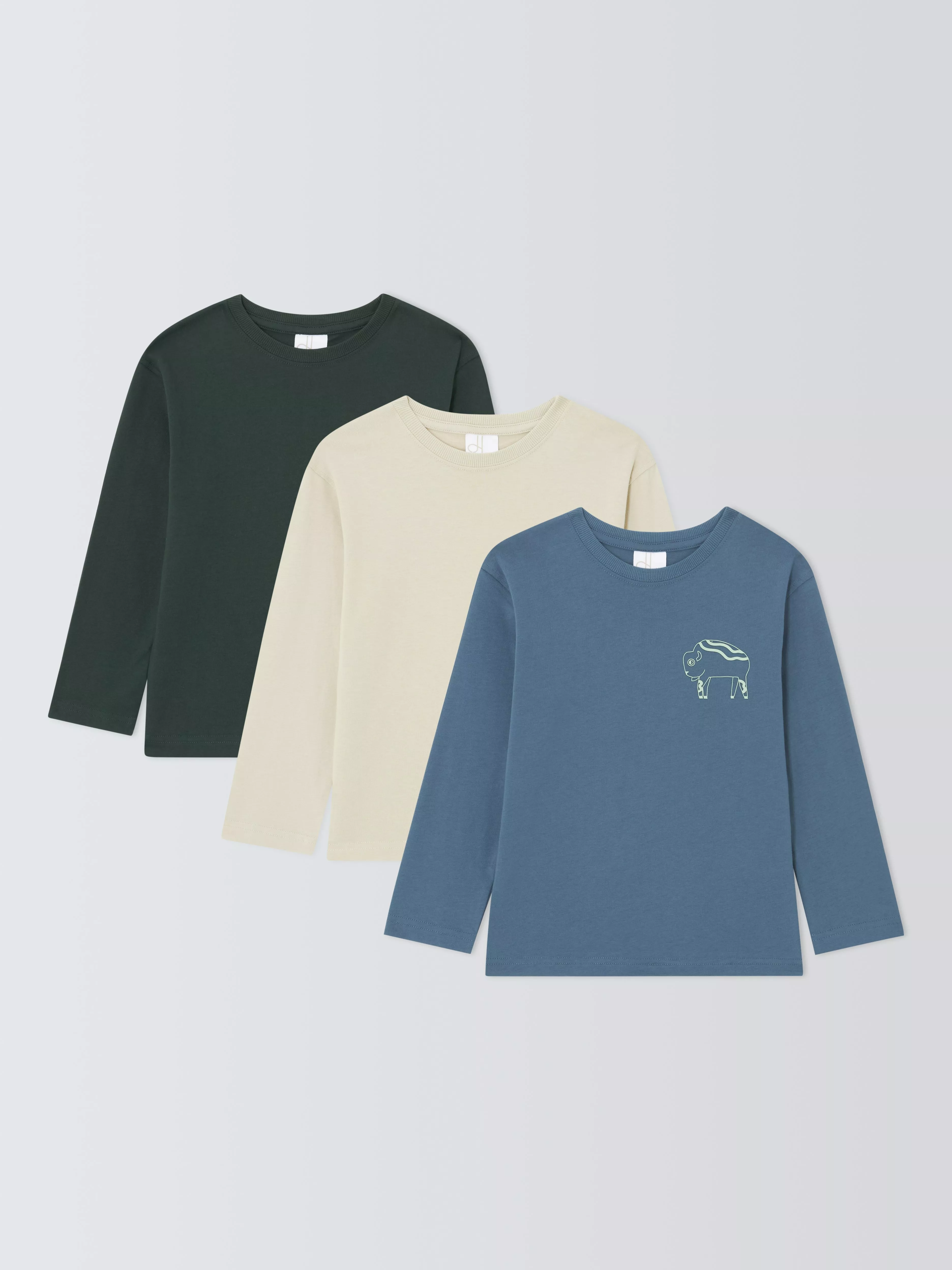 John Lewis Kids' Graphic Long Sleeve Jersey Tops, Pack of 3, Green/Blue/Beige
