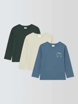 John Lewis Kids' Graphic Long Sleeve Jersey Tops, Pack of 3, Green/Blue/Beige, Green/Blue/Beige