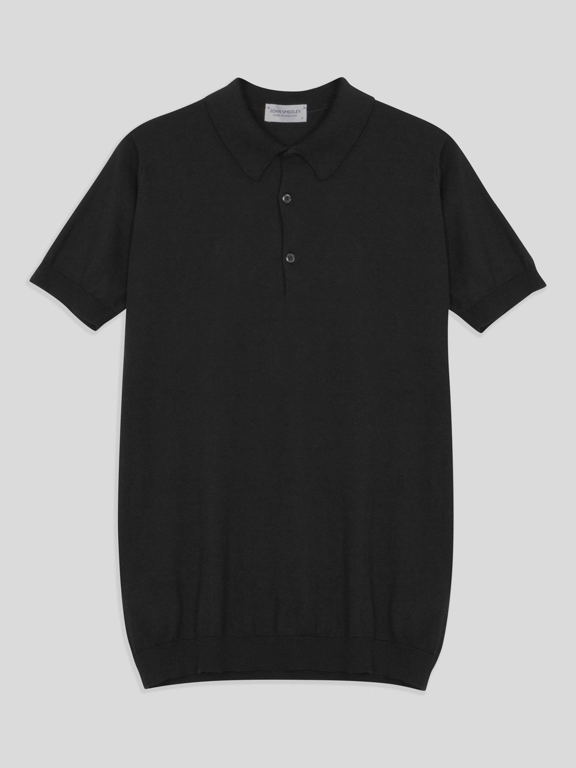 Product image 1 of 4, which shows John Smedley Adrian Fine Knit Polo Shirt, Black, S