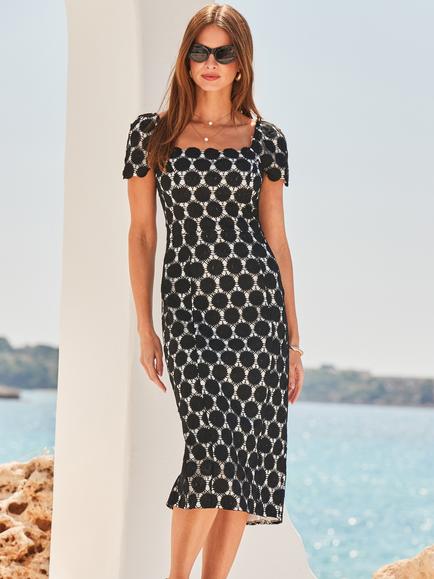 Sosandar Geometric Square Neck Midi Dress, Black/White, Black/White