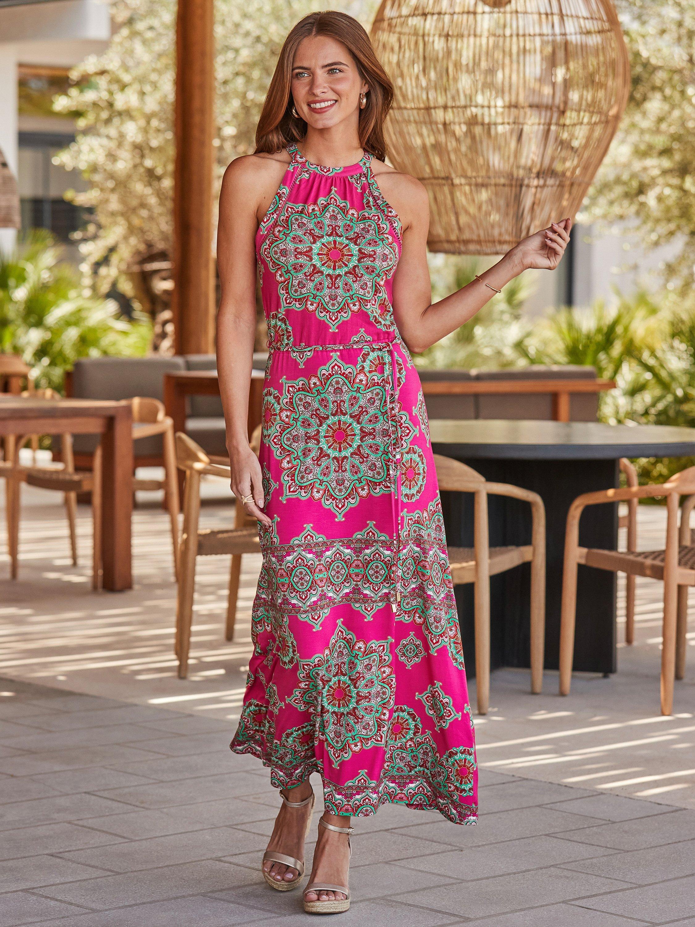 Product image 1 of 6, which shows Sosandar Paisley Print Halter Neck Midaxi Dress , Pink, 6
