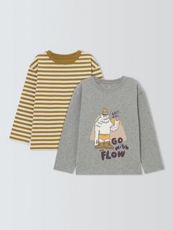 John Lewis Kids' Stripe/Yeti Long Sleeve Tops, Pack of 2, Grey/Yellow, Grey/Yellow