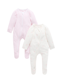 Purebaby Baby Cotton Essentials Zip Sleepsuit, Pack of 2, Pink Bear, Pink Bear