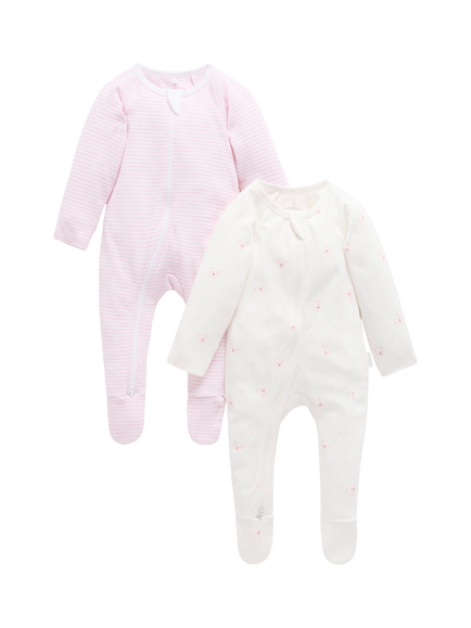 Purebaby Baby Cotton Essentials Zip Sleepsuit, Pack of 2, Pink Bear, Pink Bear