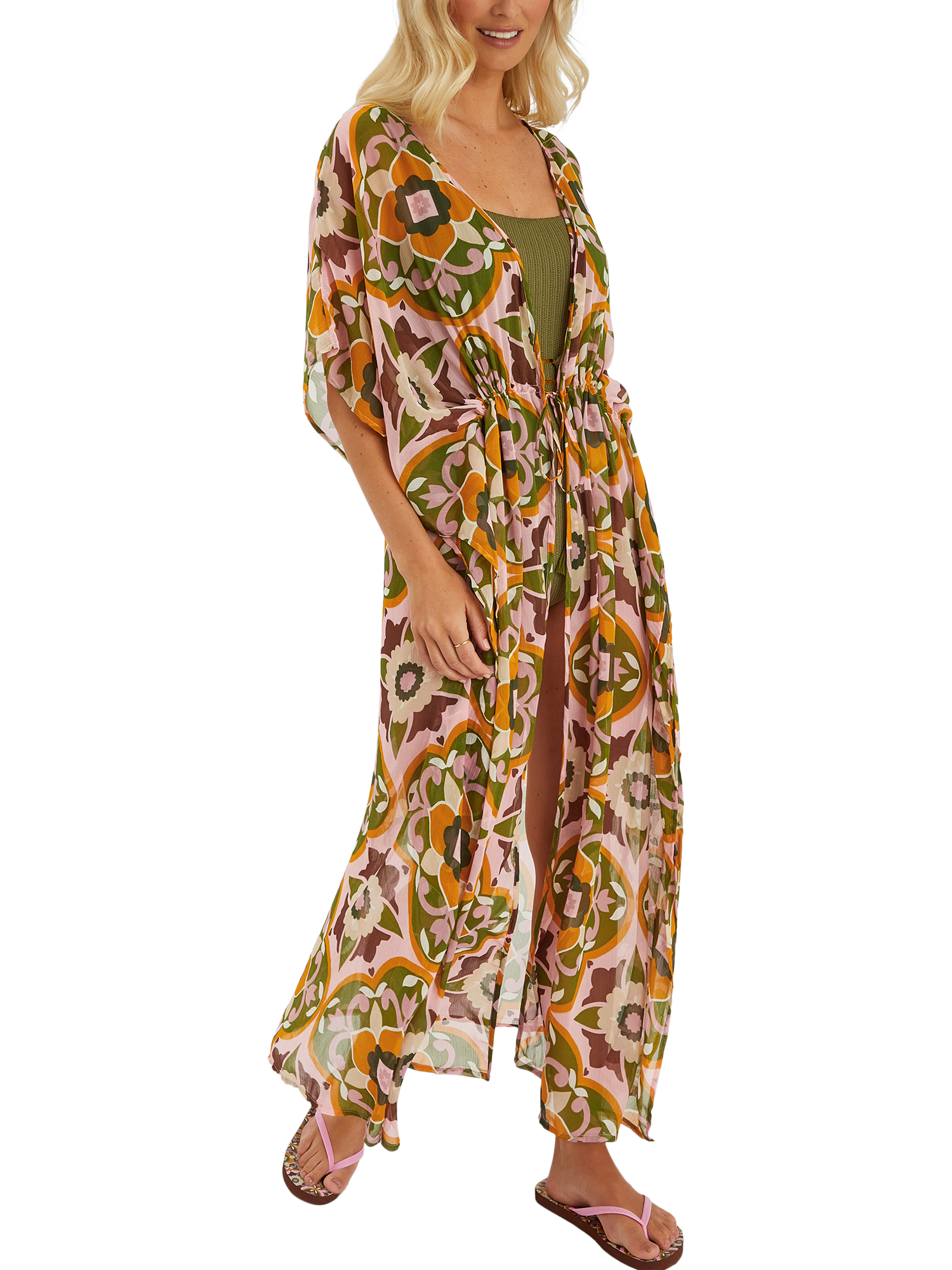 Product image 1 of 3, which shows Accessorize Floral Tile Print Chiffon Kaftan, Pink, XS