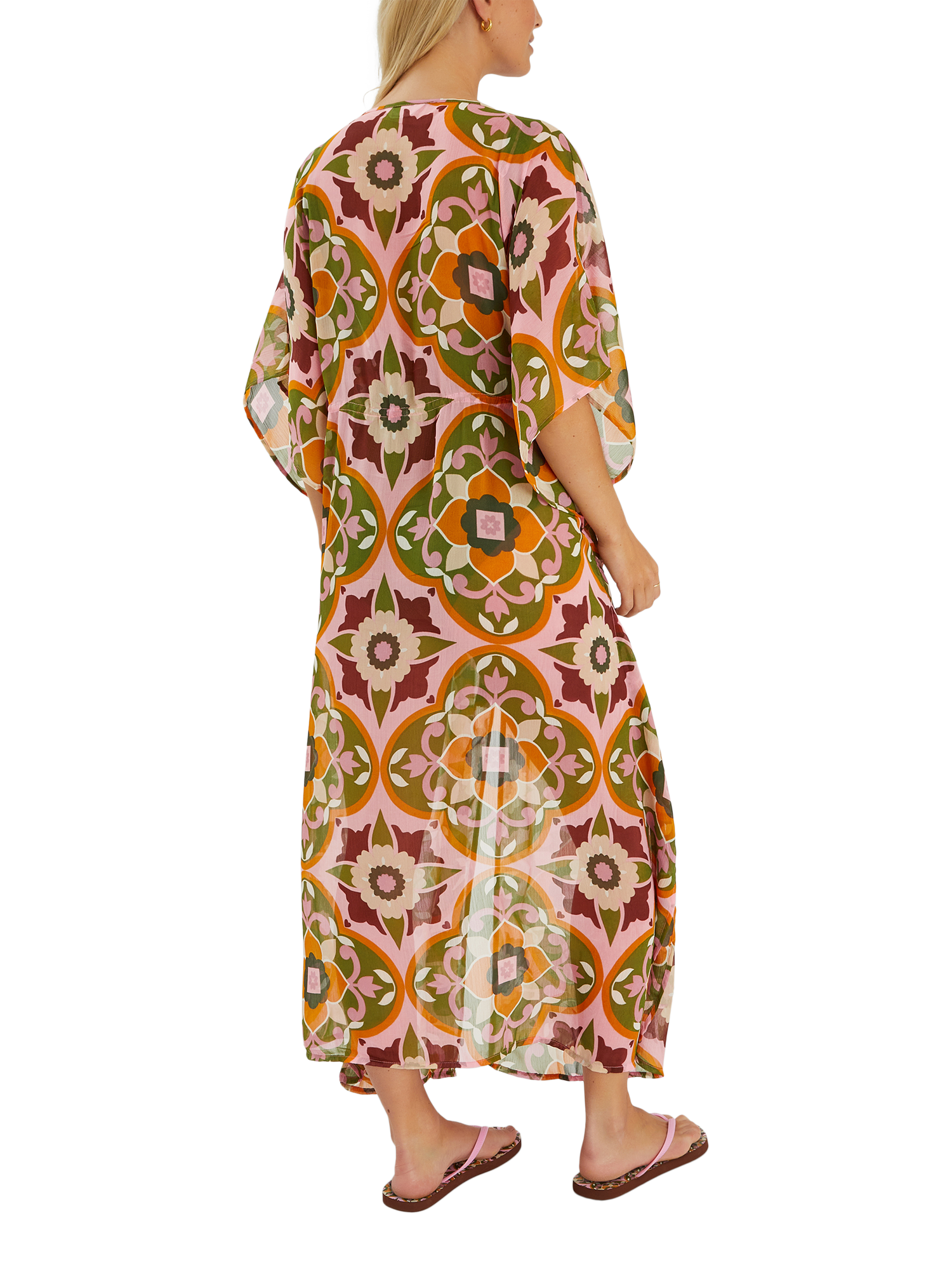 Product image 2 of 3, which shows Accessorize Floral Tile Print Chiffon Kaftan, Pink, XS