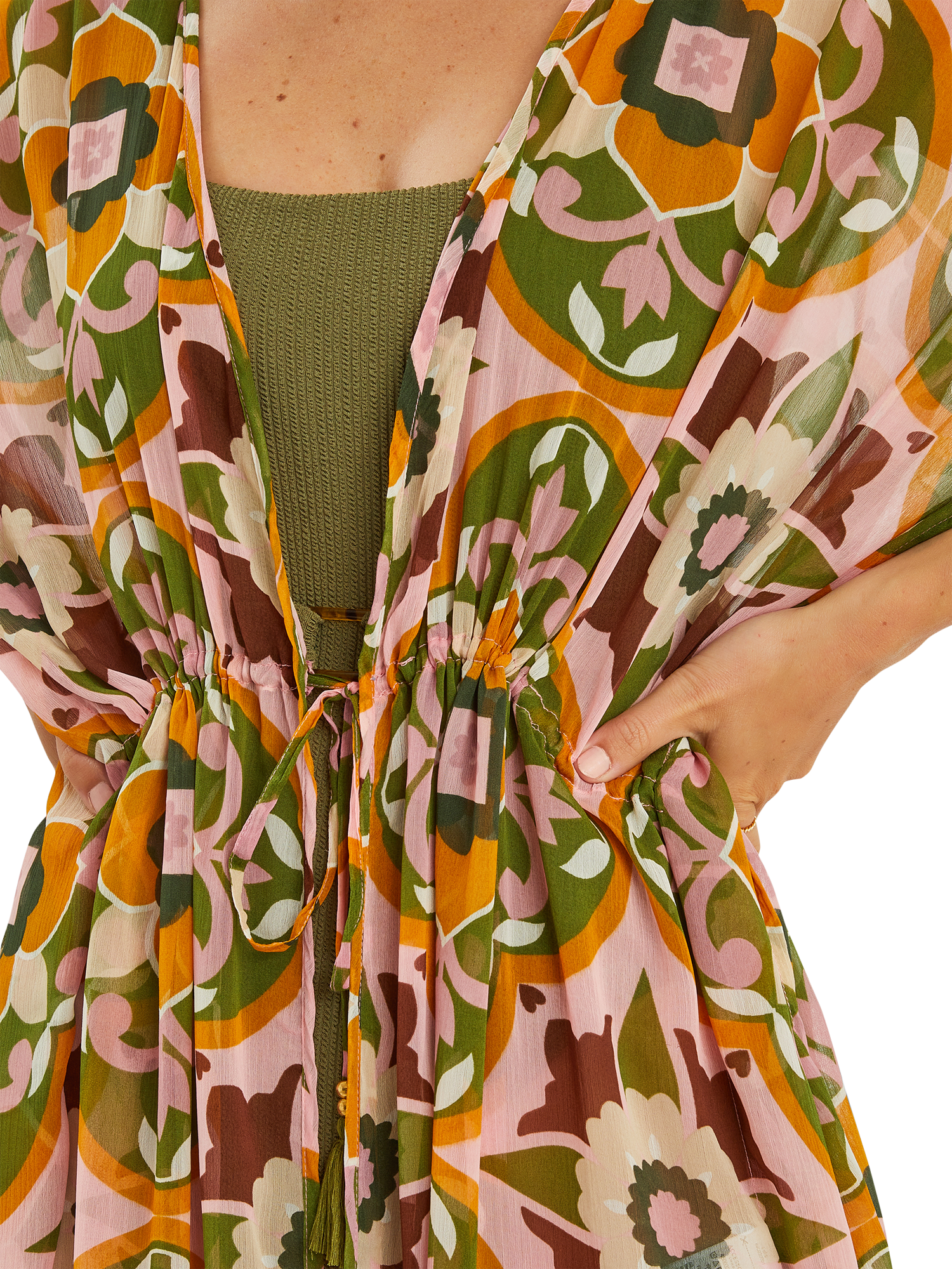 Product image 3 of 3, which shows Accessorize Floral Tile Print Chiffon Kaftan, Pink, XS
