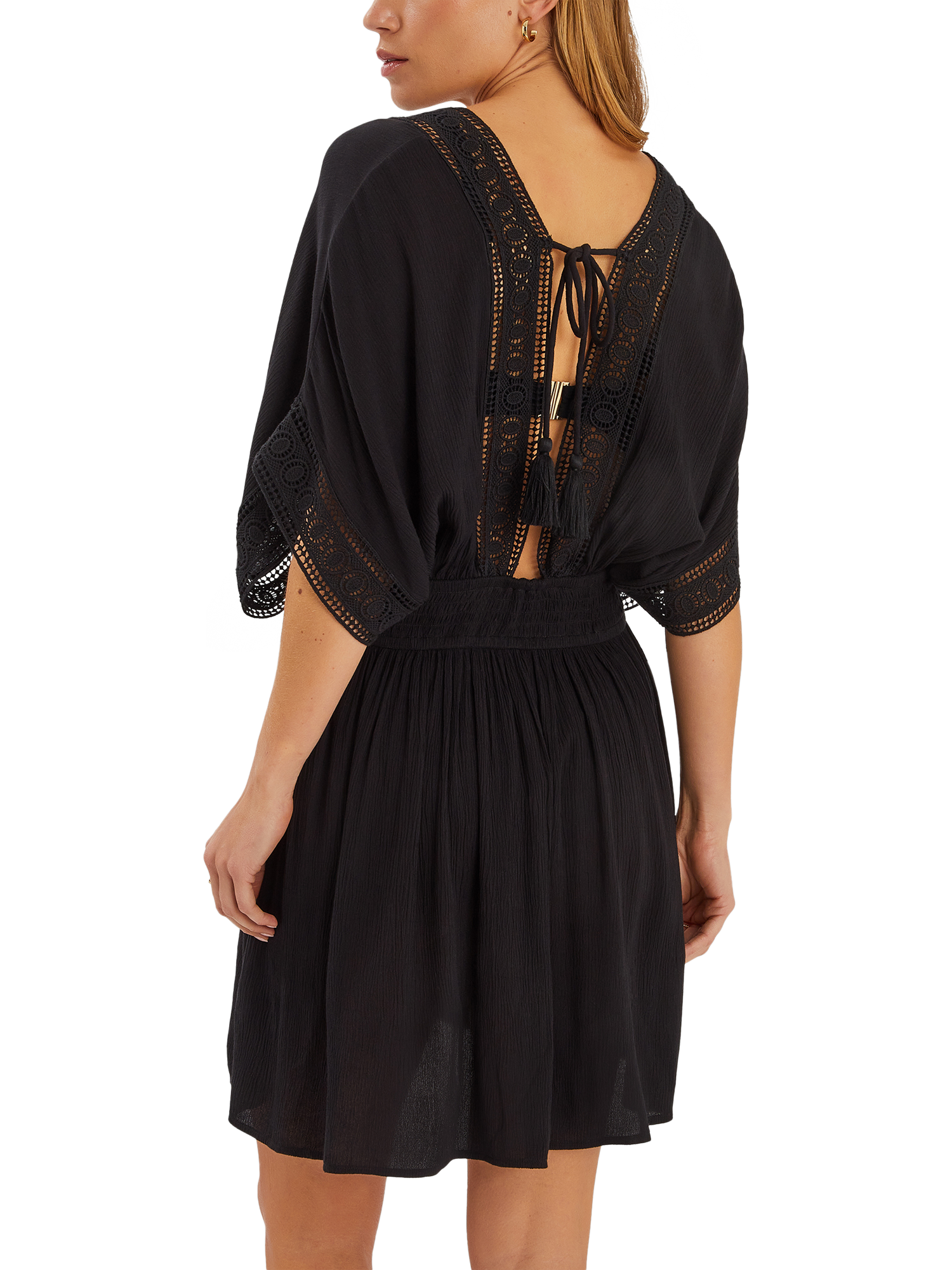 Product image 2 of 4, which shows Accessorize Crochet Trim Kaftan, Black, L