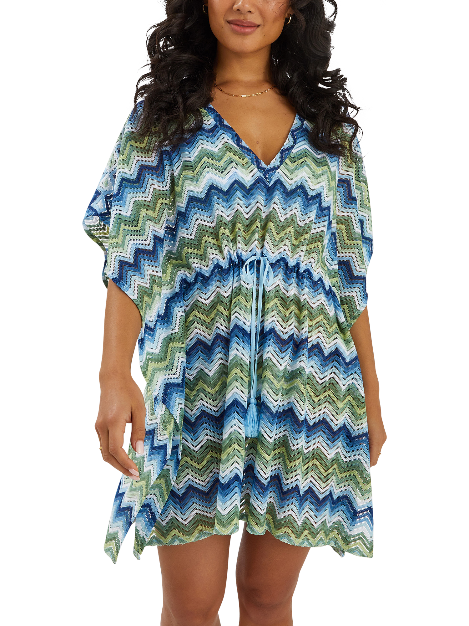 Product image 1 of 3, which shows Accessorize Zig Zag Stripe Mini Kaftan, Blue, XS