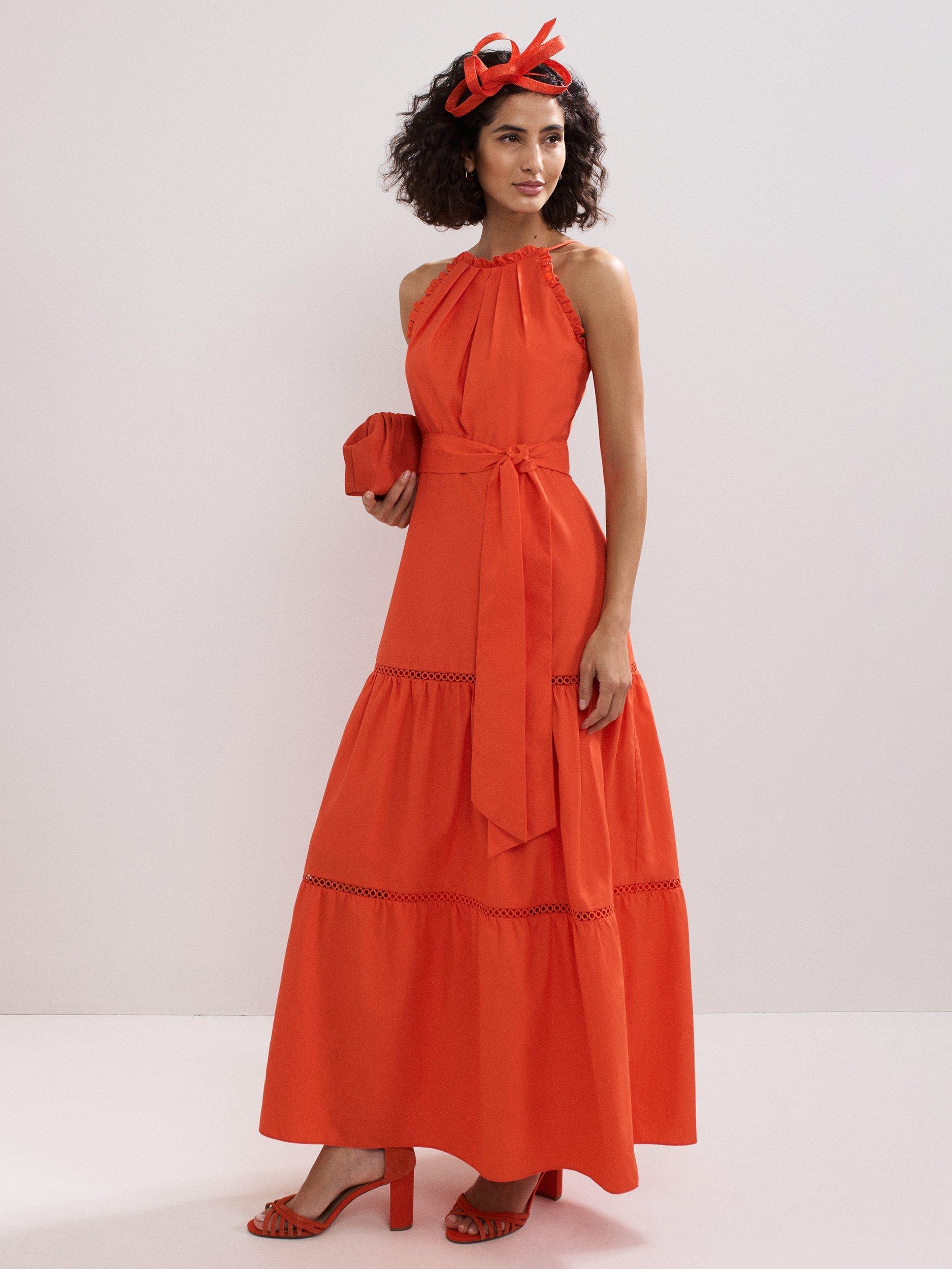 Product image 1 of 8, which shows Phase Eight Nolia Sleeveless Halter Neck Maxi Dress, Orange, 6