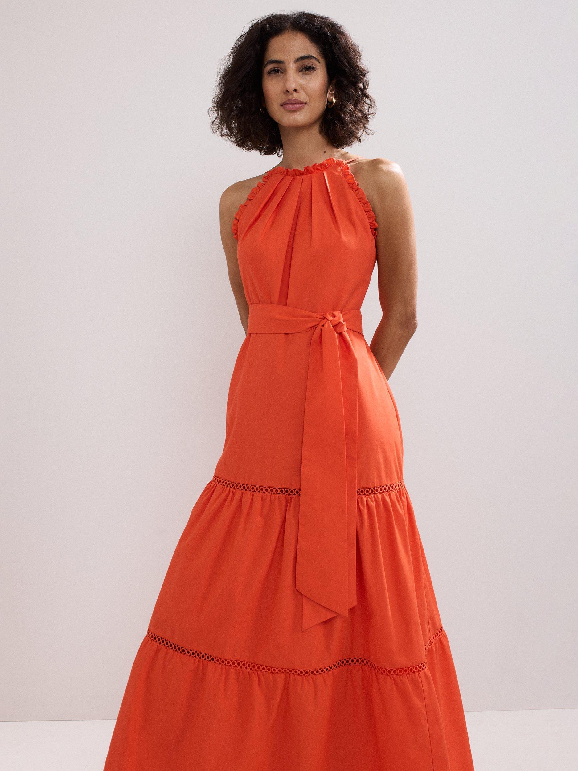 Product image 3 of 8, which shows Phase Eight Nolia Sleeveless Halter Neck Maxi Dress, Orange, 6