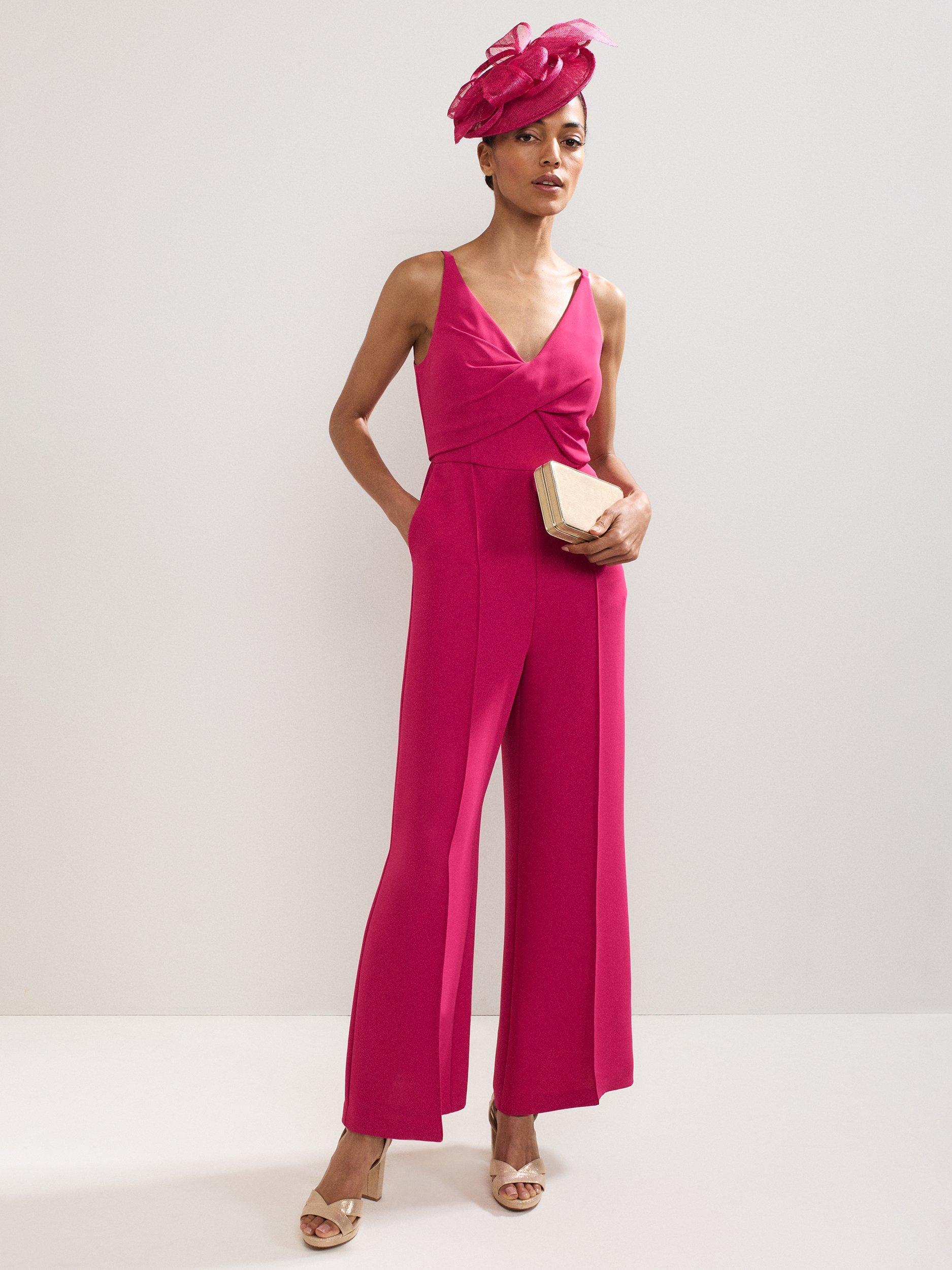 Product image 1 of 7, which shows Phase Eight Hetty Spaghetti Strap V Neck Jumpsuit, Pink, 8