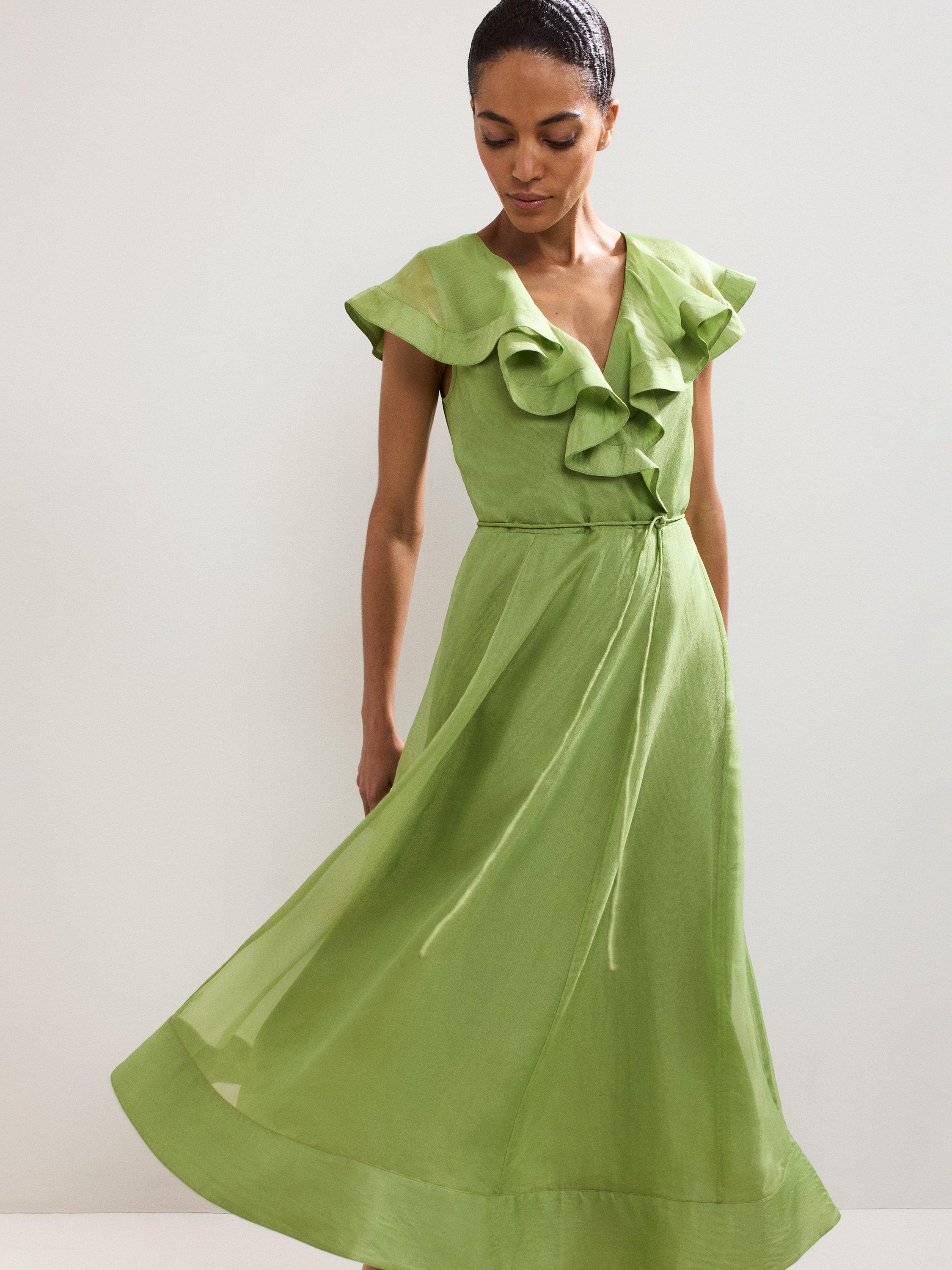 Product image 3 of 8, which shows Phase Eight Annette Ruffle Midi Dress, Green, 8