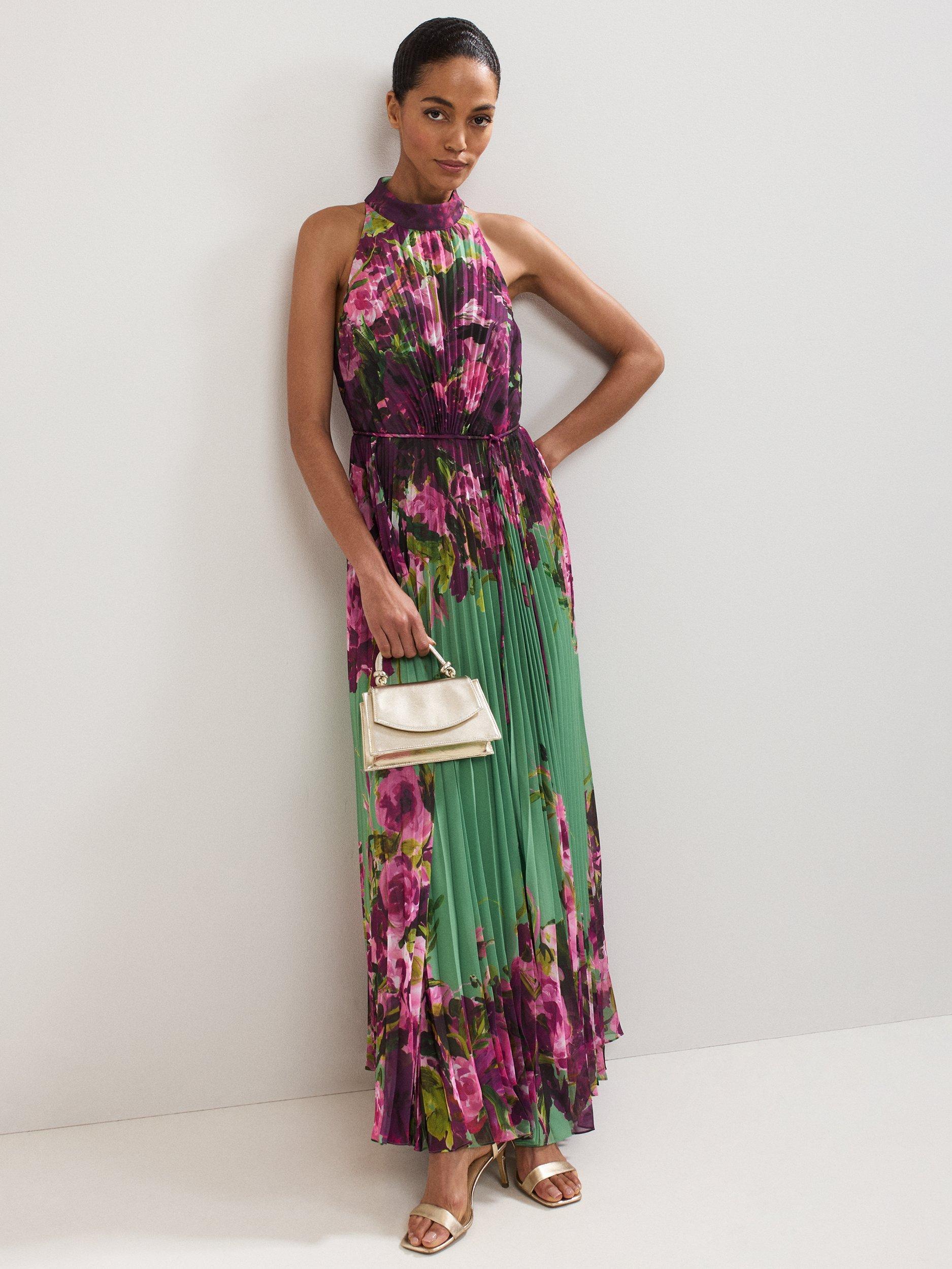 Product image 1 of 10, which shows Phase Eight Dahlia Floral Sleeveless Halterneck Maxi Dress, Multi, 6