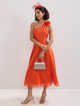 Reiss Anais Satin Drape Lace-Trim Midi Dress, Mocha Brown