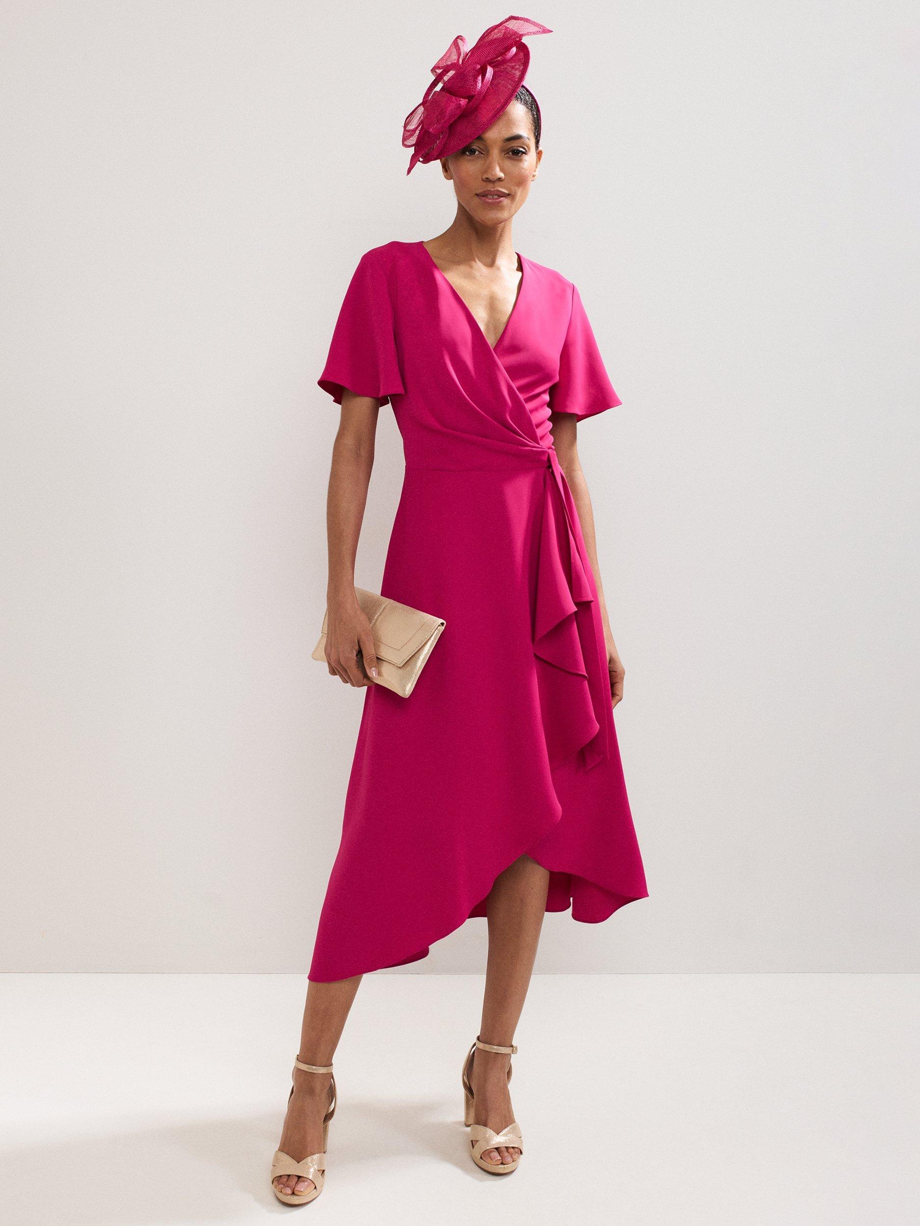 Product image 1 of 7, which shows Phase Eight Julissa Short Sleeve V Neck Midi Dress, Pink, 6