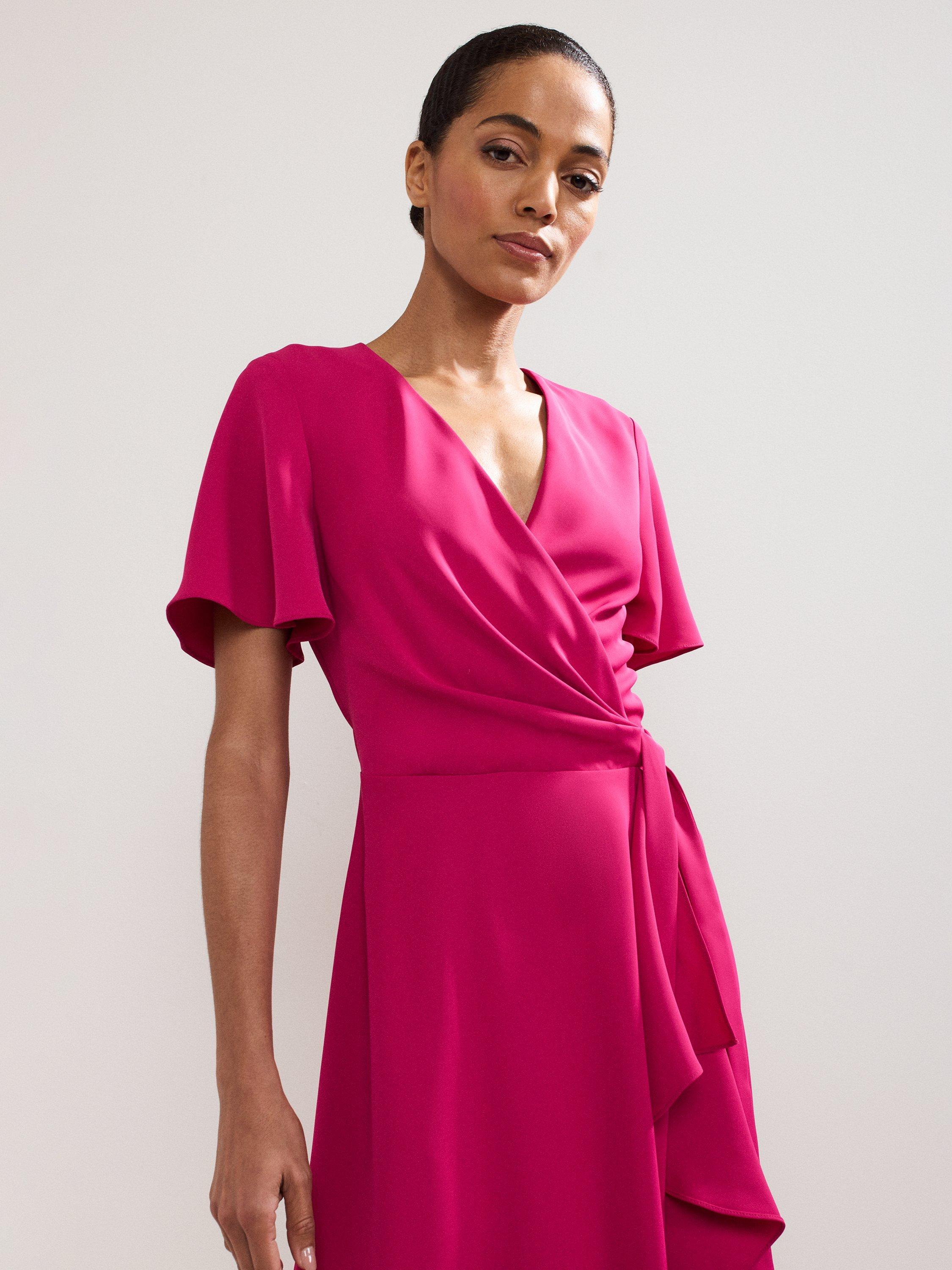 Product image 3 of 7, which shows Phase Eight Julissa Short Sleeve V Neck Midi Dress, Pink, 6