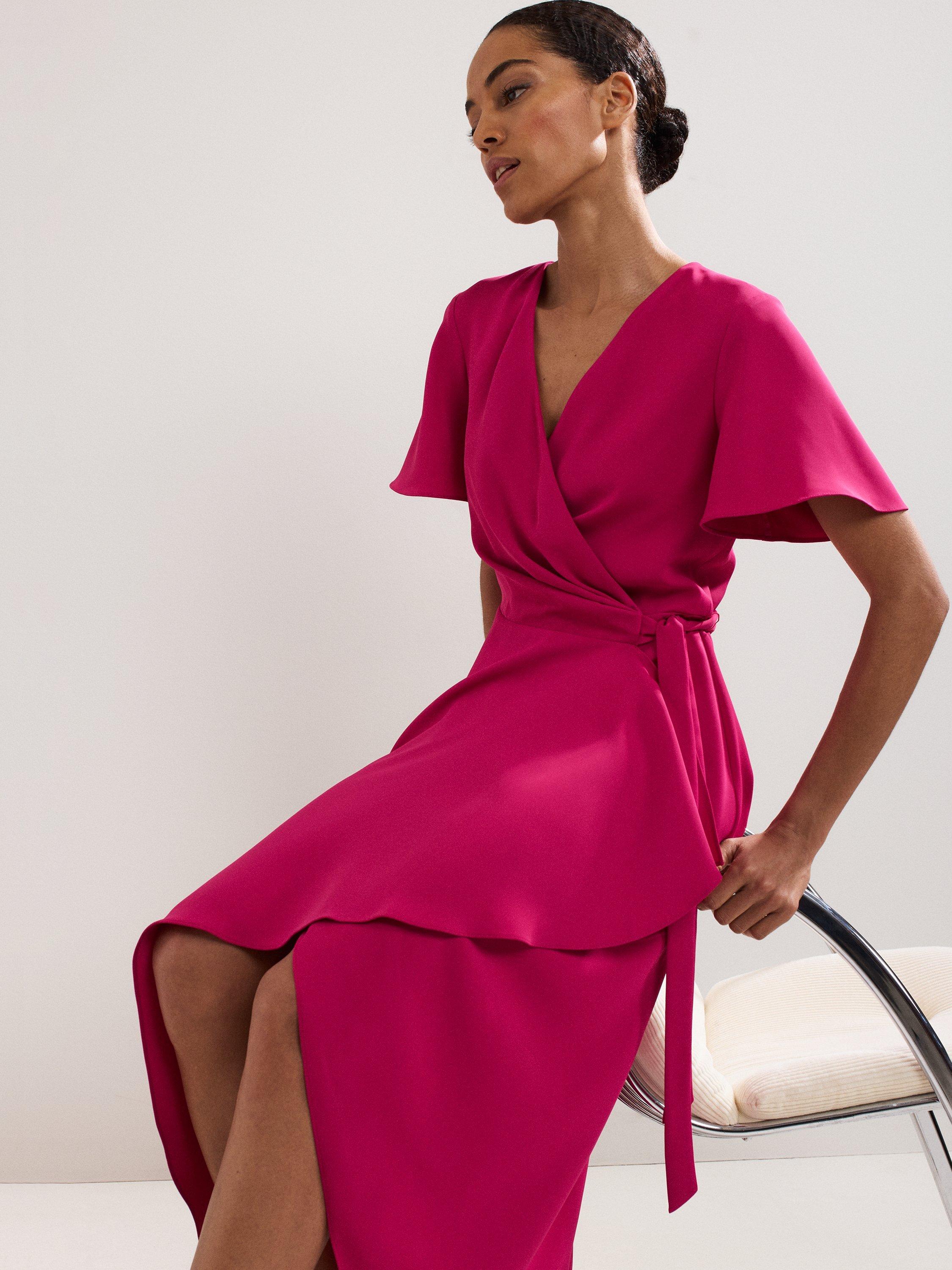 Product image 7 of 7, which shows Phase Eight Julissa Short Sleeve V Neck Midi Dress, Pink, 6