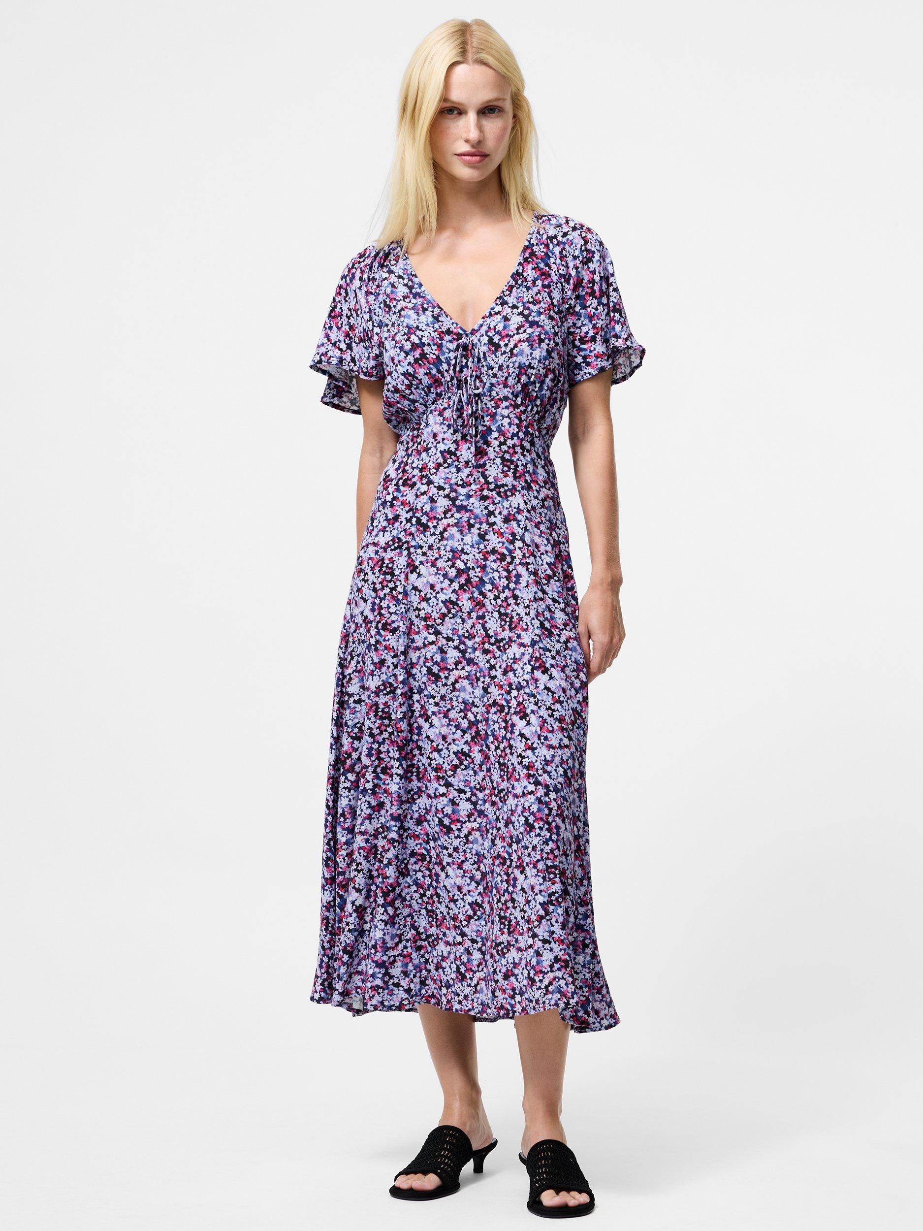 Product image 1 of 5, which shows French Connection Lizzy Crepe V Neck Midi Dress, Blue Multi, 6
