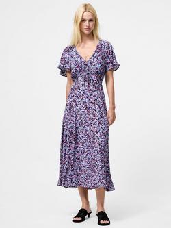 French Connection Lizzy Crepe V Neck Midi Dress, Blue/Multi, Blue/Multi