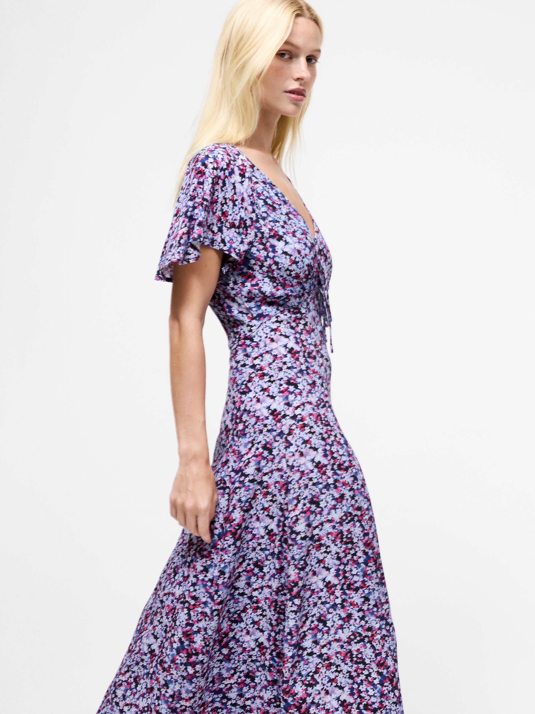 Product image 3 of 5, which shows French Connection Lizzy Crepe V Neck Midi Dress, Blue Multi, 6