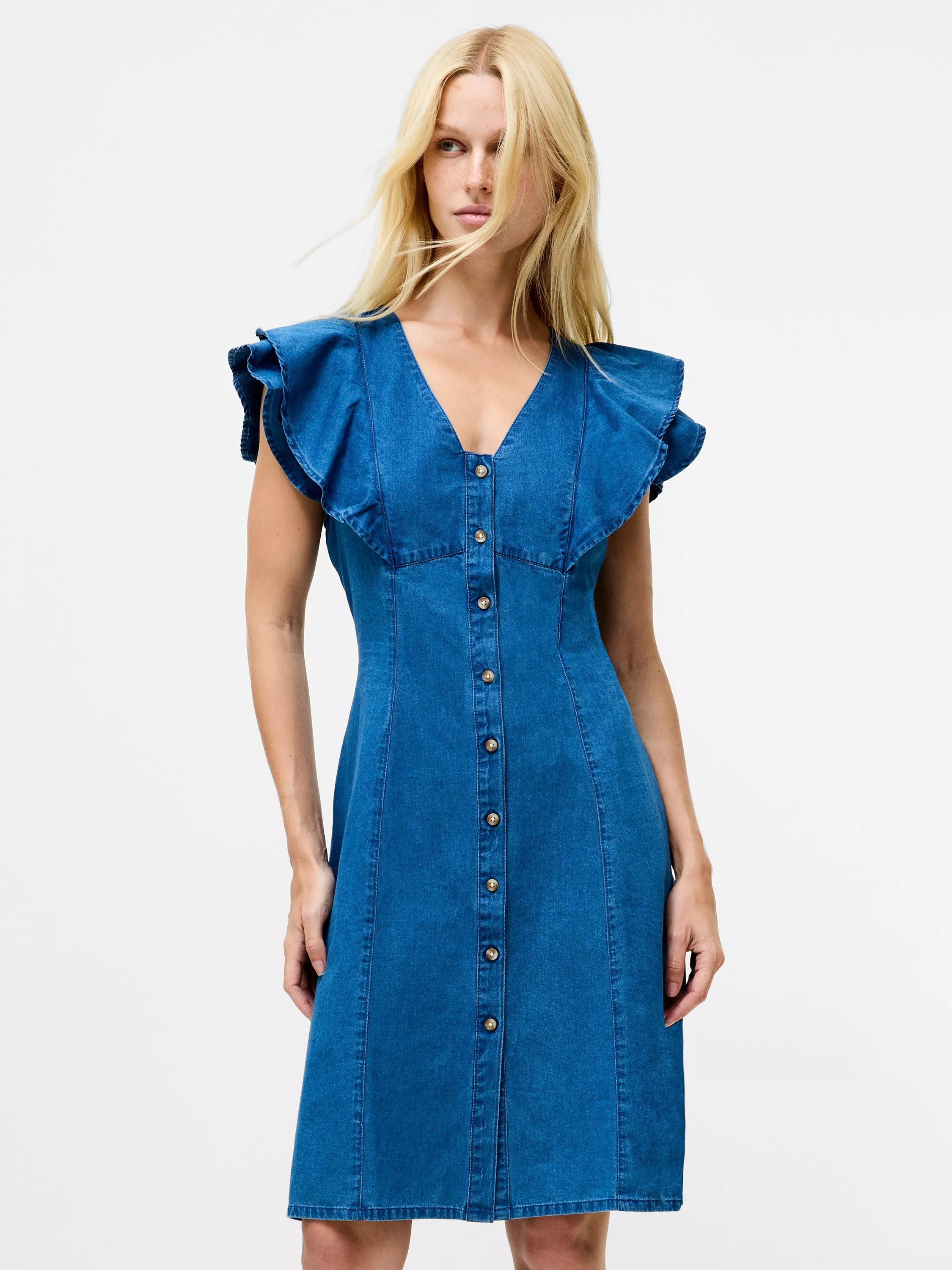 french connection blue ruffle dress French Connection ruffle mini dress in blue