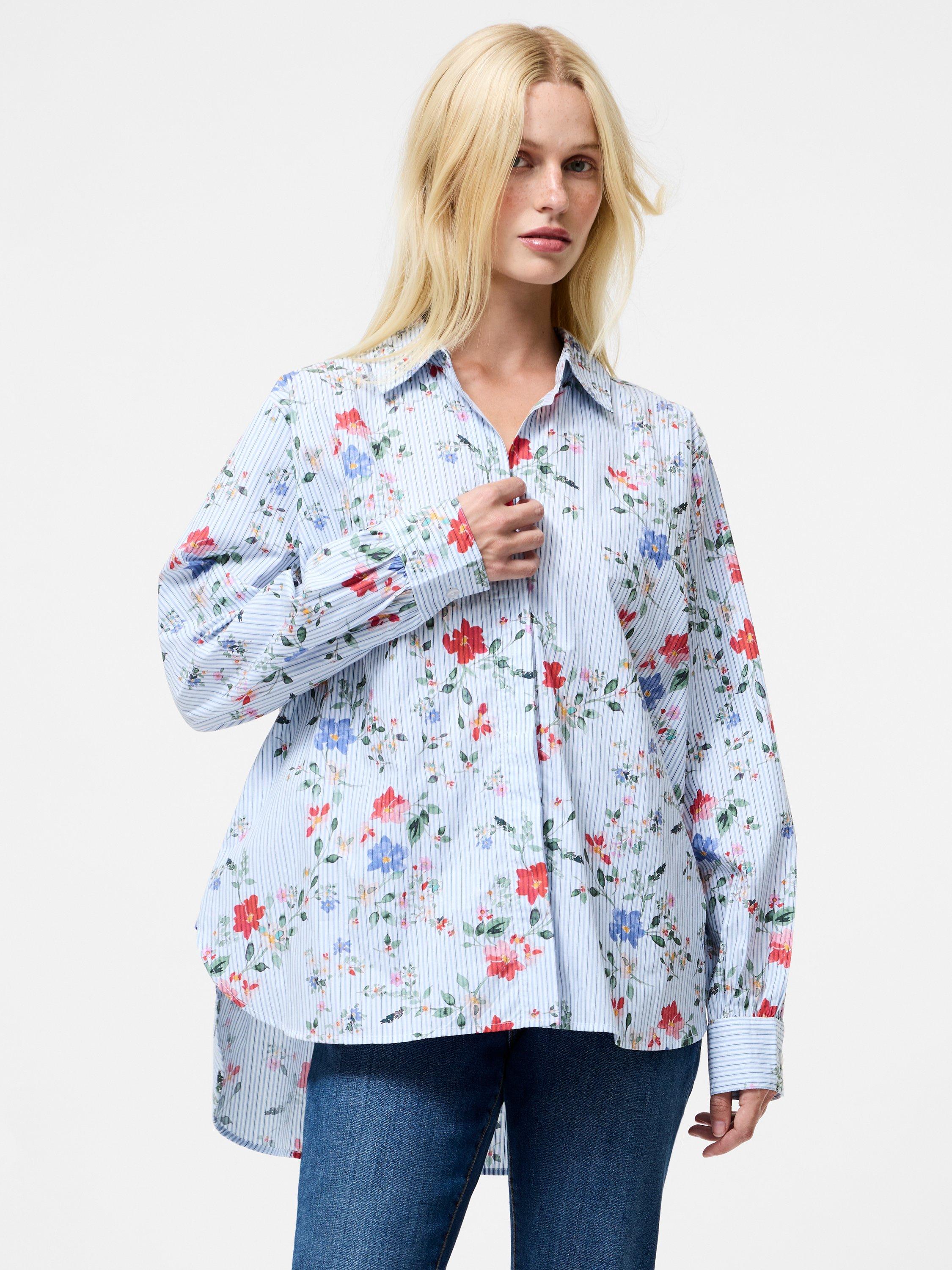Product image 1 of 4, which shows French Connection Floral Stripe Long Sleeve Shirt, Blue/Multi, M