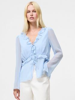 French Connection Emina Chiffon Frill Tie Detail Top, Arctic Blue, Arctic Blue