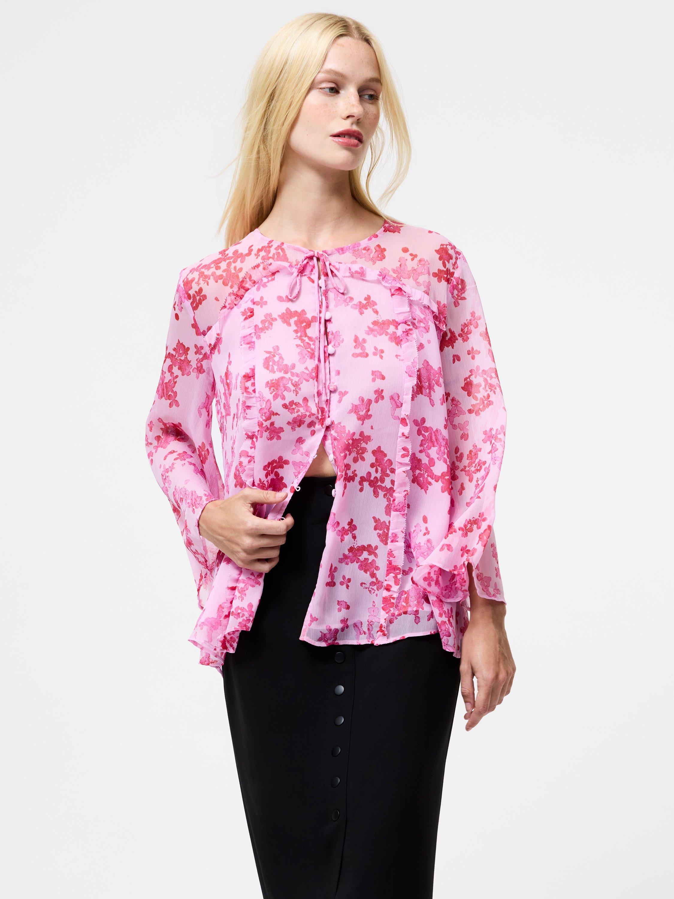 Product image 1 of 5, which shows French Connection Isla Hallie Crinkle Tie Neck Top, Pink/Multi, XS
