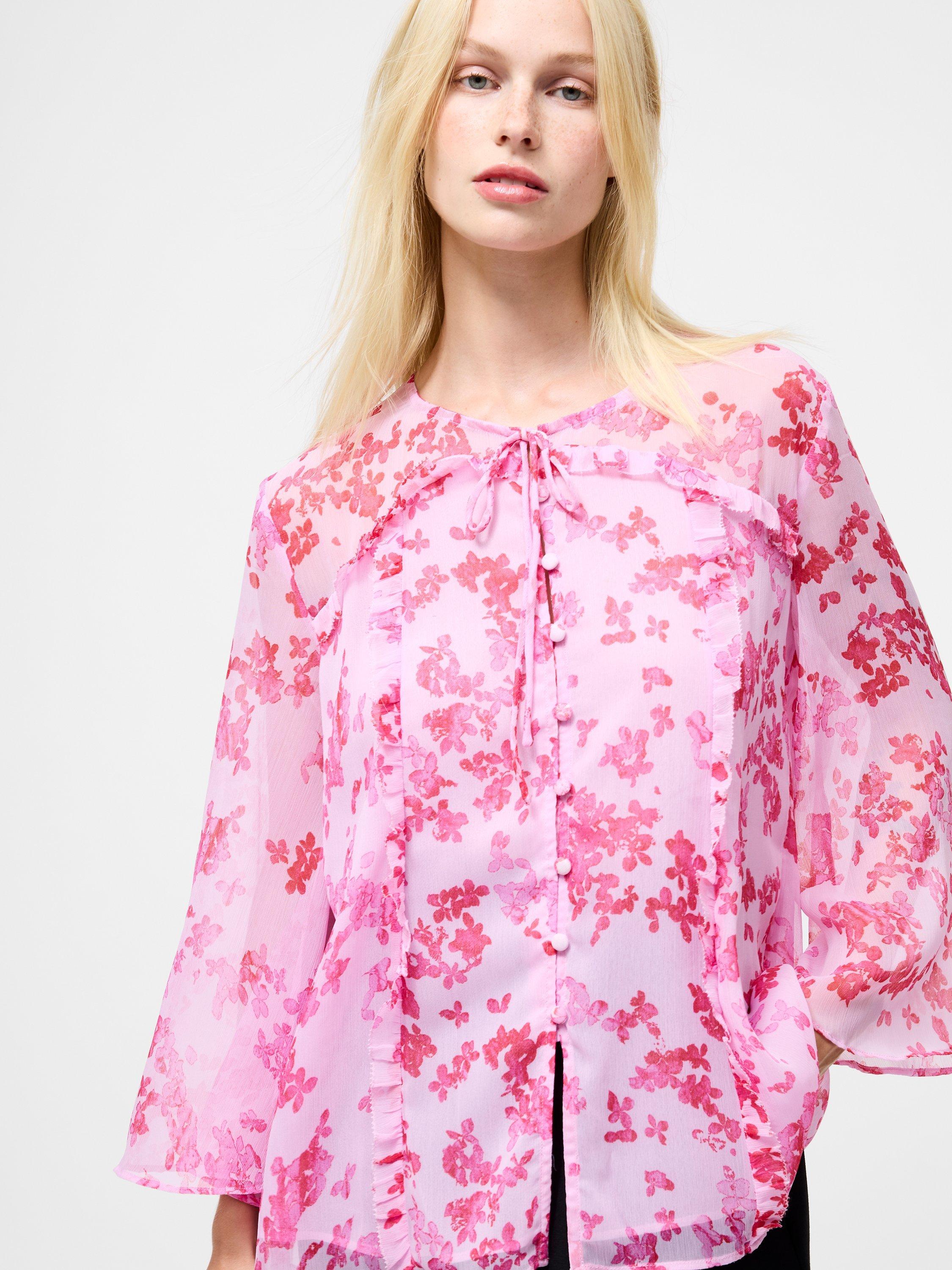 Product image 2 of 5, which shows French Connection Isla Hallie Crinkle Tie Neck Top, Pink/Multi, XS