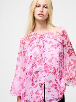 French Connection Isla Hallie Crinkle Tie Neck Top, Pink/Multi - view 2, Pink/Multi