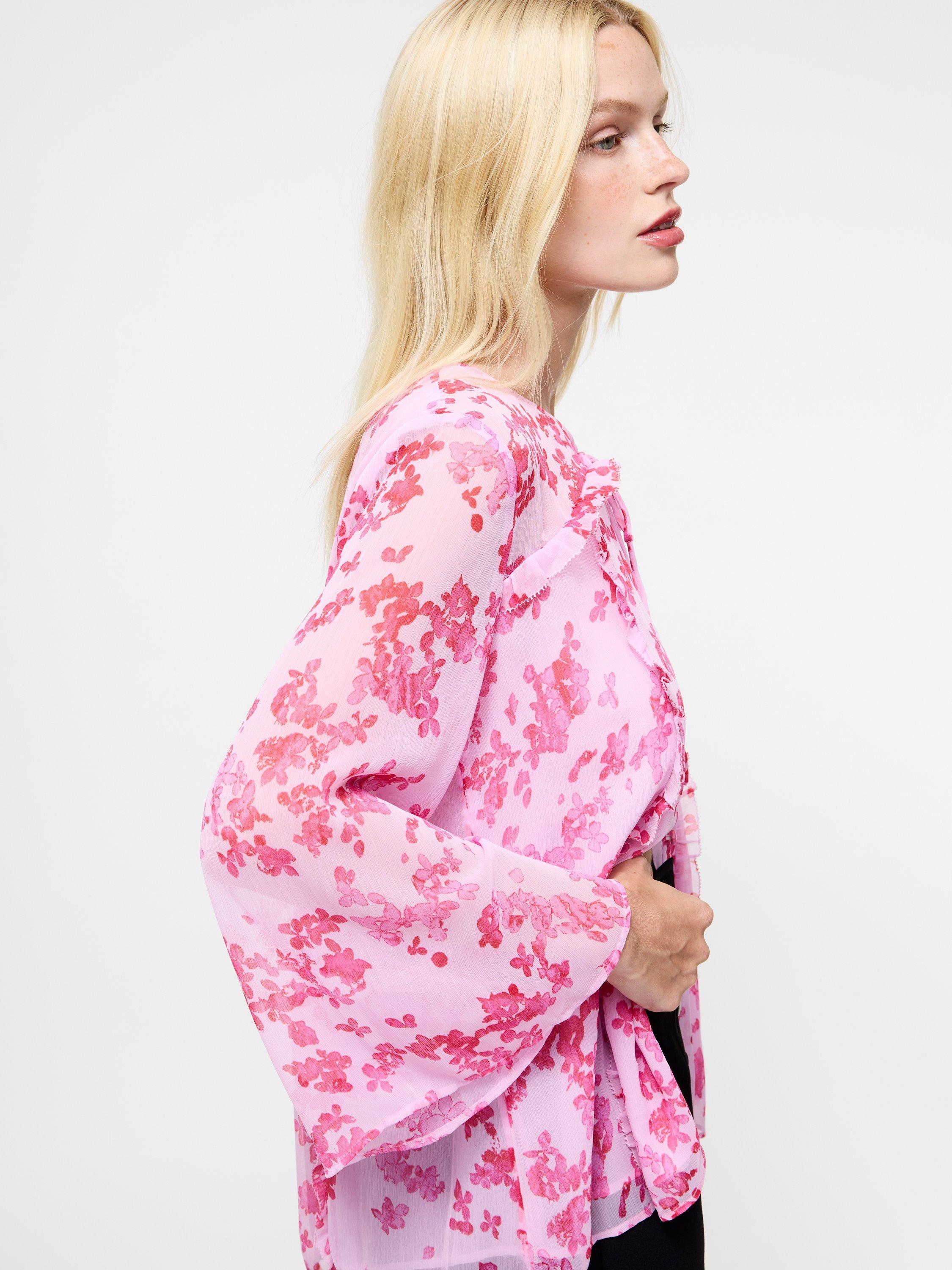 Product image 3 of 5, which shows French Connection Isla Hallie Crinkle Tie Neck Top, Pink/Multi, XS