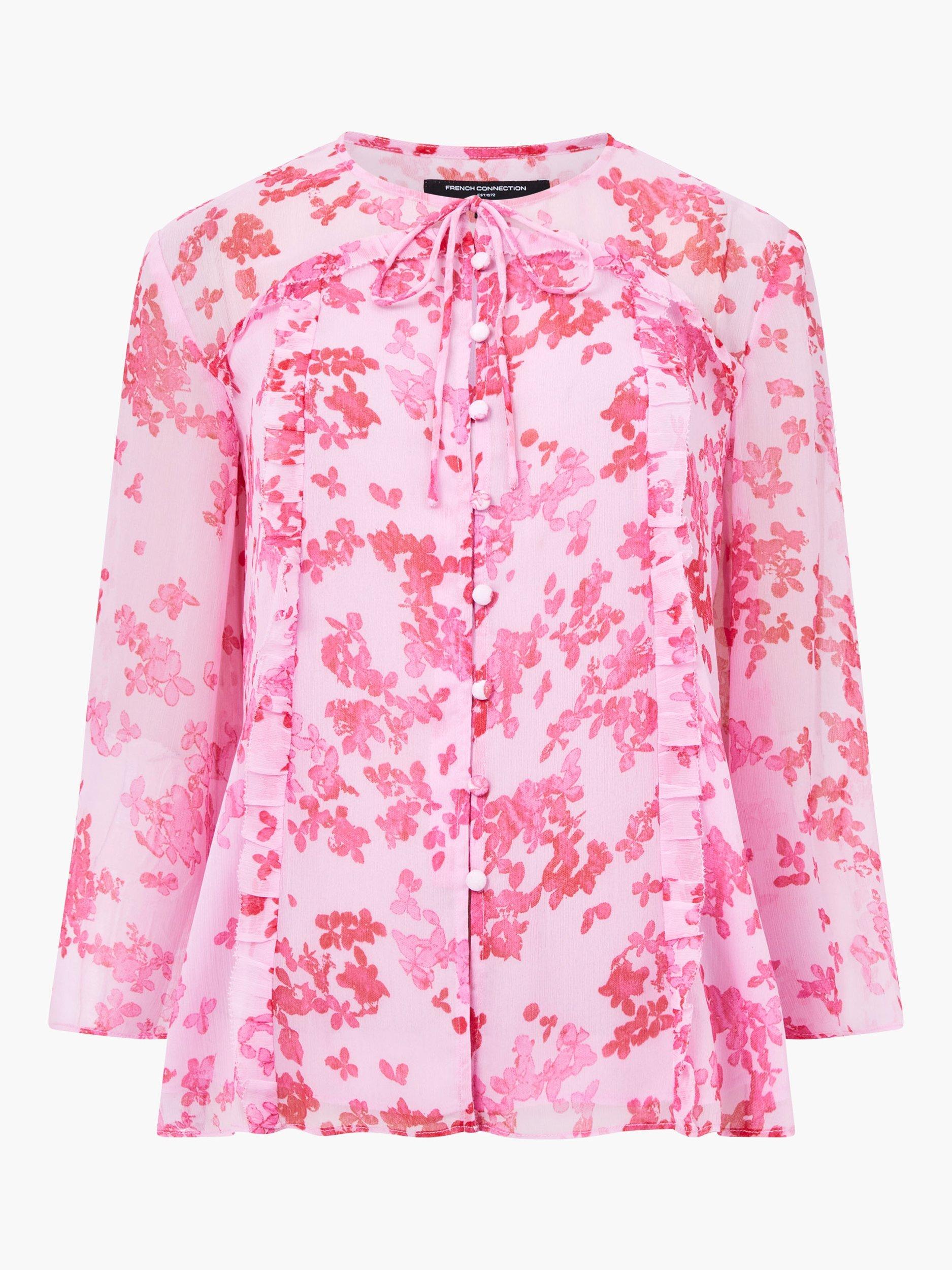 Product image 5 of 5, which shows French Connection Isla Hallie Crinkle Tie Neck Top, Pink/Multi, XS