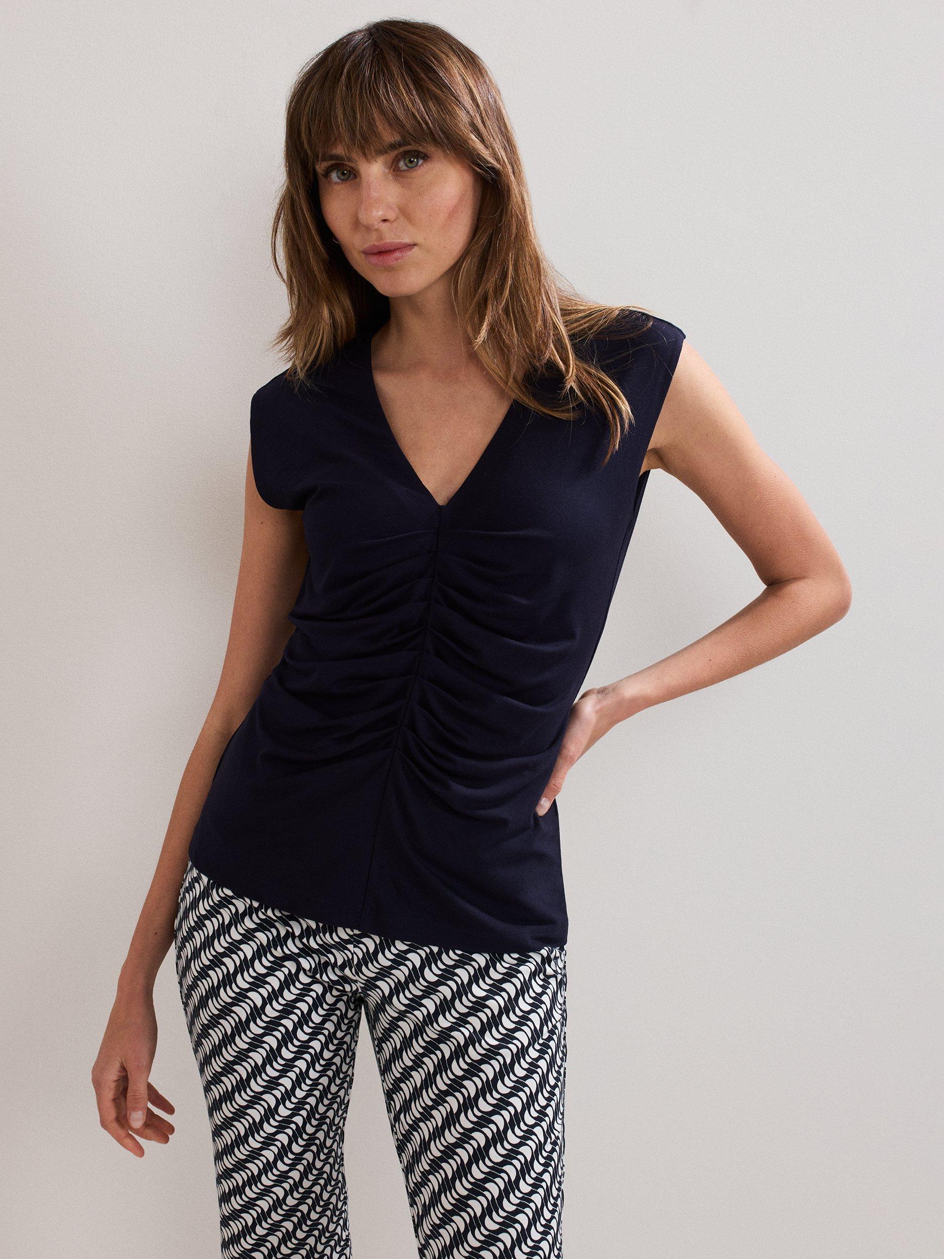 Product image 1 of 8, which shows Phase Eight Taia Sleeveless V-Neck Ruched Top, Navy, 8