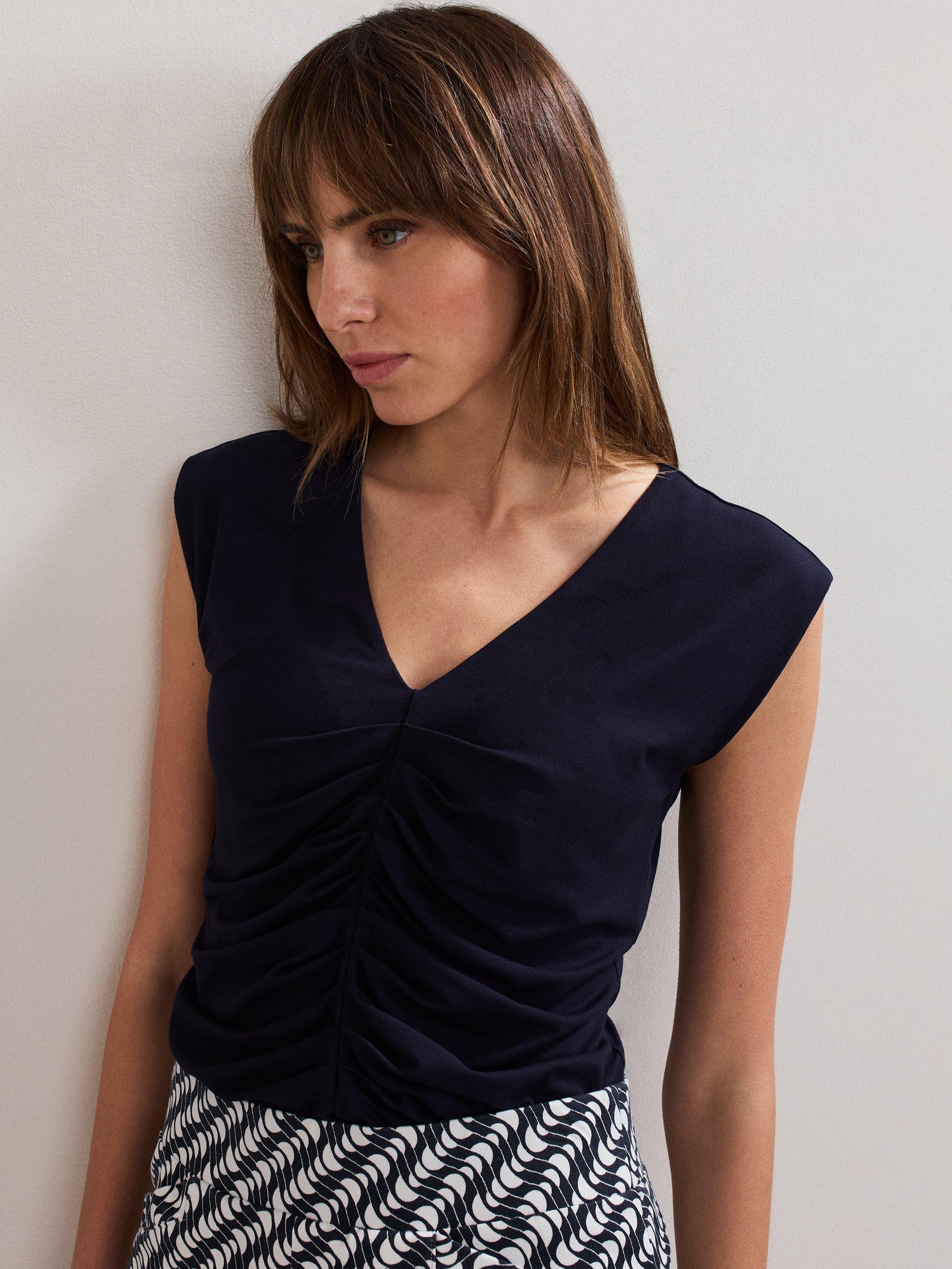 Product image 4 of 8, which shows Phase Eight Taia Sleeveless V-Neck Ruched Top, Navy, 8