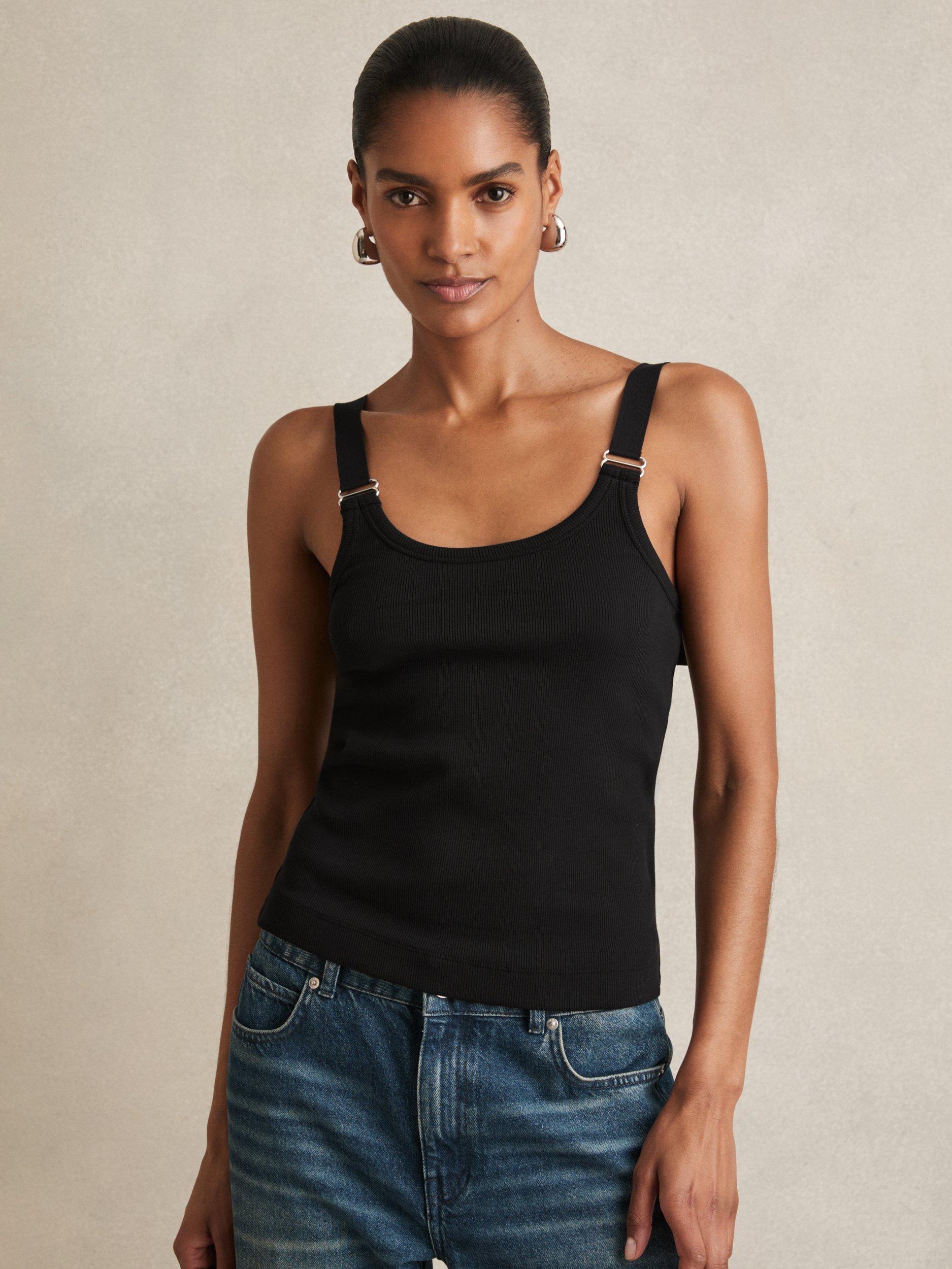 Product image 1 of 5, which shows Reiss Isabella Stretch Cotton Sleeveless D-Ring Top, Black, XS